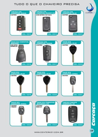 TUDO O QUE O CHAVEIRO PRECISA

4 BOTÕES

CARCAÇA CAN.
COMPATIVEL PEUGEOT 307
com bateria na placa

CÓD.: CC013

CHAVE OCA COMPATIVEL
MERCEDES

CARCAÇA CAN.
COMPATIVEL TUCSON

CÓD.: CC016

CHAVE OCA
COMPATIVEL HILUX
3 BOTÕES

CHAVE OCA
COMPATIVEL HILUX

CÓD.: CC017

CHAVE OCA
COMPATIVEL HILUX

CÓD.: CC019

3 BOTÕES
+ PANICO

CÓD.: CC015

2 BOTÕES

4 BOTÕES

CHAVE OCA
COMPATIVEL HONDA

4 BOTÕES

CÓD.: CC014

2 BOTÕES

Com INFRA
VERMELHO

CARCAÇA CAN.
COMPATIVEL HILUX

CÓD.: CC018

CHAVE OCA
COMPATIVEL HONDA
2 BOTÕES

CÓD.: CC020

CHAVE OCA COMPATIVEL
MITSUBISHI L200

CÓD.: CC021

CARCAÇA CANivete
COMPATIVEL I30

2 BOTÕES
FRISO LE

CÓD.: CC022

CÓD.: CC023

www.centerkey.com.br

CÓD.: CC024

Carcaça

CARCAÇA CAN.
COMPATIVEL NISSAN

17

 