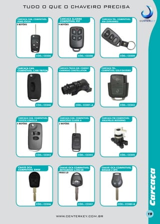 TUDO O QUE O CHAVEIRO PRECISA
CARCAÇA CAN. COMPATIVEL
FORD FOCUS
3 BOTÕES

CARCAÇA ALARME
COMPATIVEL PST
4 BOTÕES

CÓD.: CC036

CARCAÇA CAN.
COMPATIVEL L200 TRITON

CÓD.: CC038

CARCACA TRAVA DIR. COMPAT.
CAMINHAO CONSTELLATION

CÓD.: CC040

CARCAÇA CAN. COMPATIVEL
TOYOTA COROLLA

CÓD.: CC039

CARCAÇA TEL.
COMPATIVEL GOLF/SAVEIRO

CÓD.: CC001-A

CARCAÇA CAN. COMPATIVEL
MERCEDES CLASSE a

CÓD.: CC042

CARCAÇA PM COMPATIVEL
IDEA/PALIO MODERNO

2 BOTÕES

CÓD.: CC043

CHAVE OCA
COMPATIVEL BMW

CÓD.: CC044

CHAVE OCA COMPATIVEL
MITSUBISHI L200/2B

CÓD.: CC045

CHAVE OCA COMPATIVEL
NISSAN 2 BTS

FRISO Ld

CÓD.: CC046

CÓD.: CC047

www.centerkey.com.br

CÓD.: CC083-B

Carcaça

3 BOTÕES

CARCAÇA TEL. COMPATIVEL
KIA (CHAVEIRO)

19

 