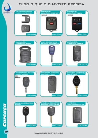 TUDO O QUE O CHAVEIRO PRECISA
CARCAÇA TEL.
COMPATIVEL ECOSPORT

CARCAÇA CHIFRE COMPAtivel
POLO/GOL G5/JETTA/VOYAGE

3 BOTÕES

CÓD.: CC049

CARCAÇA TEL.
COMPATIVEL MERIVA

4 BOTÕES

CÓD.: CC050

chave oca compativel
palio azul pantografica

CÓD.: CC052

CHAVE OCA COMP. RENAULT
LOGAN E SANDERO

CARCAÇA TEL.
COMPATIVEL FIESTA

CÓD.: CC053

CARCAÇA CAN. COMPATIVEL
MERCEDES 1 B (C280)

CÓD.: CC051

CARCAÇA CAN.
COMPATIVEL AMAROK

CÓD.: CC122

CHAVE OCA COMPATIVEL
BMW C/ FRISO

com
lamina

Carcaça

CÓD.: CC055

20

CÓD.: CC056

CHAVE OCA COMPATIVEL
XSARA/PICASSO/CITROEN

CHAVE OCA COMPATIVEL
FUSION

CÓD.: CC058

CÓD.: CC059

www.centerkey.com.br

CÓD.: CC057

CARCAÇA CAN.
COMPATIVEL PEUGEOT 206

CÓD.: CC060

 