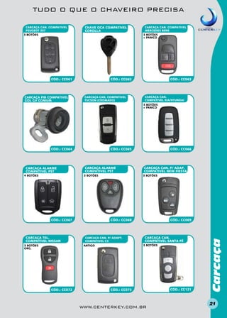 TUDO O QUE O CHAVEIRO PRECISA
CARCAÇA CAN. COMPATIVEL
PEUGEOT 307
3 BOTÕES

CHAVE OCA COMPATIVEL
COROLLA

CÓD.: CC061

CARCAÇA PM COMPATIVEL
GOL GV COMUM

CARCAÇA CAN. COMPATIVEL
MERCEDES BENS
3 BOTÕES
+ PANICO

CÓD.: CC062

CARCAÇA CAN. COMPATIVEL
TUCSON (CROMADO)

CÓD.: CC063

CARCAÇA CAN.
COMPATIVEL KIA/HYUNDAI
3 BOTÕES
+ PANICO

CARCAÇA ALARME
COMPATIVEL PST
4 BOTÕES

CÓD.: CC065

CARCAÇA ALARME
COMPATIVEL PST
3 BOTÕES

CÓD.: CC067

CARCAÇA TEL.
COMPATIVEL NISSAN
3 BOTÕES
ORg.

CARCAÇA CAN. P/ ADAP.
COMPATIVEL NEW FIESTA
3 BOTÕES

CÓD.: CC068

CARCAÇA CAN. P/ ADAPT.
COMPATIVEL C3

CÓD.: CC069

CARCAÇA CAN.
COMPATIVEL SANTA FÉ
3 BOTÕES

ANTIGO

CÓD.: CC072

CÓD.: CC066

CÓD.: CC073

www.centerkey.com.br

CÓD.: CC121

Carcaça

CÓD.: CC064

21

 