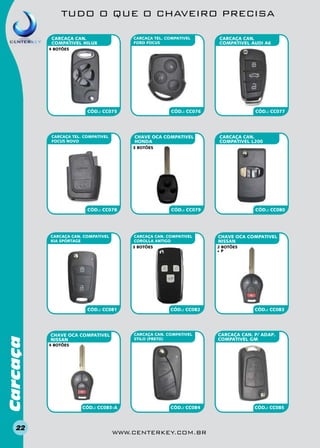 TUDO O QUE O CHAVEIRO PRECISA
CARCAÇA CAN.
COMPATIVEL HILUX

CARCAÇA TEL. COMPATIVEL
FORD FOCUS

CARCAÇA CAN.
COMPATIVEL AUDI A6

4 BOTÕES

CÓD.: CC076

CÓD.: CC075

CHAVE OCA COMPATIVEL
HONDA

CARCAÇA tel. COMPATIVEL
FOCUS NOVO

CÓD.: CC077

CARCAÇA CAN.
COMPATIVEL L200

3 BOTÕES

CÓD.: CC078

CARCAÇA CAN. COMPATIVEL
KIA SPORTAGE

CÓD.: CC079

CARCAÇA CAN. COMPATIVEL
COROLLA ANTIGO
3 BOTÕES

Carcaça

CÓD.: CC081

22

CHAVE OCA COMPATIVEL
NISSAN
2 BOTÕES
+p

CÓD.: CC082

CARCAÇA CAN. COMPATIVEL
STILO (PRETO)

CHAVE OCA COMPATIVEL
NISSAN

CÓD.: CC080

CÓD.: CC083

CARCAÇA CAN. P/ ADAP.
COMPATIVEL GM

4 BOTÕES

CÓD.: CC083-A

CÓD.: CC084

www.centerkey.com.br

CÓD.: CC085

 