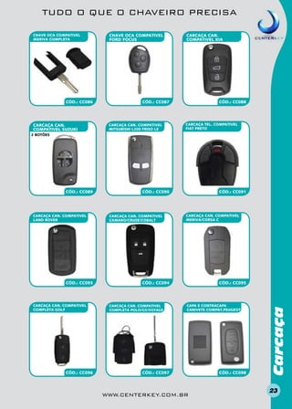 TUDO O QUE O CHAVEIRO PRECISA
CHAVE OCA COMPATIVEL
MERIVA COMPLETA

CÓD.: CC086

CARCAÇA CAN.
COMPATIVEL SUZUKI

CHAVE OCA COMPATIVEL
FORD FOCUS

CARCAÇA CAN.
COMPATIVEL KIA

CÓD.: CC087

CARCAÇA CAN. COMPATIVEL
MITSUBISHI L200 FRISO LE

CÓD.: CC088

CARCAÇA TEL. COMPATIVEL
FIAT PRETO

2 BOTÕES

CARCAÇA CAN. COMPATIVEL
LAND ROVER

CÓD.: CC093

CARCAÇA CAN. COMPATIVEL
COMPLETA GOLF

CÓD.: CC096

CÓD.: CC090

CARCAÇA CAN. COMPATIVEL
CAMARO/CRUZE/COBALT

CÓD.: CC091

CARCAÇA CAN. COMPATIVEL
MERIVA/CORSA C

CÓD.: CC094

CARCAÇA CAN. COMPATIVEL
COMPLETA POLO/G5/VOYAGE

CÓD.: CC095

CAPA E CONTRACAPA
CANIVETE compat.PEUGEOT

CÓD.: CC097

www.centerkey.com.br

CÓD.: CC098

Carcaça

CÓD.: CC089

23

 