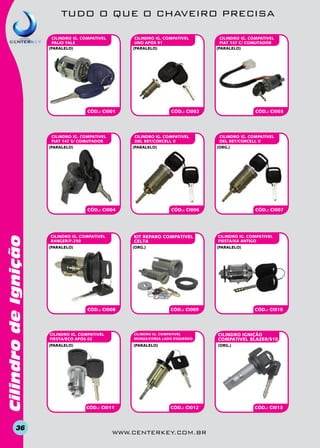 TUDO O QUE O CHAVEIRO PRECISA
CILINDRO IG. COMPATIVEL
UNO APÓS 91
(paralelo)

CILINDRO IG. COMPATIVEL
PALIO YALE
(paralelo)

CÓD.: CI001

CILINDRO IG. COMPATIVEL
FIAT 147 S/ COMUTADOR

CÓD.: CI002

CILINDRO IG. COMPATIVEL
DEL REY/CORCELL II

(paralelo)

Cilindro de Ignição

CÓD.: CI004

36

CILINDRO IG. COMPATIVEL
DEL REY/CORCELL II

CÓD.: CI006

KIT REPARO COMPATIVEL
CELTA

(paralelo)

CÓD.: CI003

(org.)

(paralelo)

CILINDRO IG. COMPATIVEL
RANGER/F-250

CILINDRO IG. COMPATIVEL
FIAT 147 C/ COMUTADOR
(paralelo)

CILINDRO IG. COMPATIVEL
FIESTA/KA ANTIGO
(paralelo)

(org.)

CÓD.: CI008

CÓD.: CI007

CÓD.: CI009

CÓD.: CI010

CILINDRO IG. COMPATIVEL
FIESTA/ECO APÓS 02

CILINDRO IG. COMPATIVEL
MONZA/CORSA LADO ESQUERDO

CILINDRO IGnição
COMPATIVEL BLAZER/S10

(paralelo)

(paralelo)

(org.)

CÓD.: CI011

CÓD.: CI012

www.centerkey.com.br

CÓD.: CI013

 