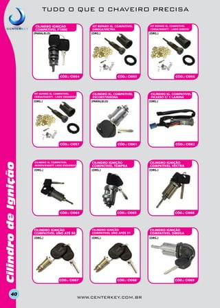 TUDO O QUE O CHAVEIRO PRECISA
CILINDRO IGnição
COMPATIVEL F1000

KIT REPARO IG. COMPATIVEL
OMEGA/VECTRA
(org.)

(paralelo)

CÓD.: CI054

(org.)

(paralelo)

Cilindro de Ignição

CÓD.: CI057

40

(org.)

CÓD.: CI055

CILINDRO IG. COMPATIVEL
ESCORT/VERONA

KIT REPARO IG. COMPATIVEL
CORSA/KADETT - LADO esquerdo

KIT REPARO IG. COMPATIVEL
CORSA/KADETT - LADO DIREITO

CÓD.: CI056

CILINDRO IG. COMPATIVEL
PICASSO C/ 1 LAMINA
(org.)

CÓD.: CI061

CÓD.: CI062

CILINDRO IG. COMPATIVEL
MONZA/KADETT LADO ESQUERDO

CILINDRO IGnição
COMPATIVEL TEMPRA

CILINDRO IGnição
COMPATIVEL VECTRA

(org.)

(org.)

(org.)

CÓD.: CI064

CÓD.: CI065

CÓD.: CI066

CILINDRO IGnição
COMPATIVEL UNO ATÉ 90

CILINDRO IGnição
COMPATIVEL UNO APÓS 91

CILINDRO IGnição
COMPATIVEL OMEGA

(org.)

(org.)

(org.)

CÓD.: CI067

CÓD.: CI068

www.centerkey.com.br

CÓD.: CI069

 