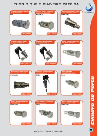 TUDO O QUE O CHAVEIRO PRECISA
MIOLO PORTA COMPAT.
PALIO/PUNTO PANT.
(paralelo)

CÓD.: CP116

CILINDRO PORTA COMPAT.
CLIO (COMPLETO) LD
(org.)

(paralelo)

CÓD.: CP015

CILINDRO PORTA COMPAT.
CLIO (COMPLETO) Le
(org.)

CÓD.: CP017-D

miolo PORTA COMPAT. CORSA
(LADO DIREITO) C/ ALARME

CÓD.: CP019

MIOLO PORTA COMPATIVEL
PALIO COMUM
(paralelo)

CÓD.: CP022

CÓD.: CP016

MIOLO PORTA COMPATIVEL
GOL PANT. GIII /GIV
(org.)

CÓD.: CP017-e

CILINDRO PORTA COMPAT.
JETTA COMPLETO
(org.)

(paralelo)

miolo PORTA COMPAT. CORSA
(LADO DIREITO) S/ ALARME

CÓD.: CP018

MIOLO PORTA
COMPATIVEL STILO
(org.)

CÓD.: CP020

MIOLO PORTA COMPATIVEL
FIESTA/ESCORT
(org.)

CÓD.: CP021

MIOLO PORTA COMPATIVEL
GOLF ANTIGO - PINO
(paralelo)

CÓD.: CP023

www.centerkey.com.br

CÓD.: CP024

Cilindro de Porta

CILINDRO COMPAT. TANQUE
G5/SAVEIRO/FOX
(org.)

45

 