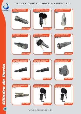 TUDO O QUE O CHAVEIRO PRECISA
cilindro PORTA lateral
COMPATIVEL KOMBI KLIPPER
(paralelo)

MIOLO PORTA DIANTEIRO
COMPAT. KOMBI KLIPPER
(paralelo)

CÓD.: CP025

CÓD.: CP026

MIOLO PORTA
COMPATIVEL SPRINTER

MIOLO PORTA COMPATIVEL
PEUGEOT 307
(org.)

(paralelo)

CÓD.: CP028

MIOLO PM COMPATIVEL
GOL BOLA FRISO LARGO

Cilindro de Porta
46

CÓD.: CP031

CILINDRO PORTA COMPAT.
VECTRA NOVO S/ CHAVE

CÓD.: CP032

(paralelo)

CÓD.: CP034

CÓD.: CP030

(org.)

CILINDRO PORTA COMPATIVEL
UNO COMPLETO LE

(org.)

miolo TAMPA TRASEIRA
COMPAT. SAVEIRO NOVA

CÓD.: CP029

(paralelo)

miolo PM COMPATIVEL
CORSA/CELTA

CÓD.: CP027

(paralelo)

MIOLO PM COMPATIVEL
GOL BOLA TECMISA

(paralelo)

MIOLO PORTA COMPATIVEL
CELTA TODOS
(org.)

CÓD.: CP033

CILINDRO PORTA COMPATIVEL
UNO COMPLETO Ld

(paralelo)

CÓD.: CP035

www.centerkey.com.br

CÓD.: CP036

 