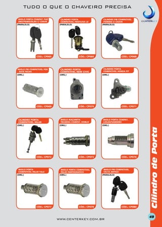 TUDO O QUE O CHAVEIRO PRECISA
CILINDRO PORTA
COMPATIVEL FIESTA/KA LE
(paralelo)

CÓD.: CP065

CÓD.: CP066

miolo pm COMPATIVEL FOX
- BATE FECHA

cilindro PORTA
COMPATIVEL NEW CIVIC

(org.)

(org.)

CÓD.: CP069

cilindro PORTA
COMPATIVEL HILUX
(org.)

MIOLO PORTA
COMPATIVEL PALIO YALE
(org.)

CÓD.: CP077

CÓD.: CP068

cilindro PORTA
COMPATIVEL HONDA FIT
(org.)

CÓD.: CP070

miolo MAÇANETA
TRASEIRA COMPAT. DOBLO
(org.)

CÓD.: CP072

CILINDRO PM COMPATIVEL
FIORINO C/ CHAVE
(paralelo)

CÓD.: CP071

miolo PORTA COMPAT.
LOGAN/SANDERO
(org.)

CÓD.: CP073

MIOLO PORTA COMPATIVEL
PALIO PANTOGRAFICO
(org.)

CÓD.: CP076

miolo PM COMPATIVEL
CELTA ANTIGO
(paralelo)

CÓD.: CP078

www.centerkey.com.br

CÓD.: CP080

Cilindro de Porta

MIOLO PORTA COMPAT. FIAT
UNO/PEMIO/ELBA C/ CHAVE
(paralelo)

49

 