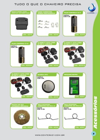 TUDO O QUE O CHAVEIRO PRECISA
MODULO CENTRAL LEVANT.
VIDRO ELET. GM compat.CRUZE

GORJE COMPATIVEL
HONDA PANTOGRAFICO

PILHA CONTROLE 23-A
cartela
COM 5 un.

CÓD.: AC015

PILHA CONTROLE 27-A

CÓD.: AC018

CÓD.: AC016

ALARME P/ AUTO CYBER
EX 300 C/ CANIVETE

ALARME P/ AUTO CYBER
FX 300 C/ CANIVETE

cartela
COM 5 un.

CÓD.: AC019

CÓD.: AC018-A

ALARME P/ AUTO CYBER
PX 300 C/ CANIVETE

BATERIA 2032

CÓD.: AC019-A

FREQUENCIMETRO

CÓD.: AC019-B

ESCOVA DE AÇO
LATONADA UNIVERSAL

MOLA FECHADURA
COMPATIVEL GOL BOLA LE
pacote
com 10 un.

CÓD.: AC022

CÓD.: AC021

CÓD.: AC020

MOLA FECHADURA
COMPATIVEL GOL BOLA LD
pacote
com 10 un.

CÓD.: AC026

www.centerkey.com.br

CÓD.: AC027

Acessórios

CARTELA
COM 5 un.

5

 