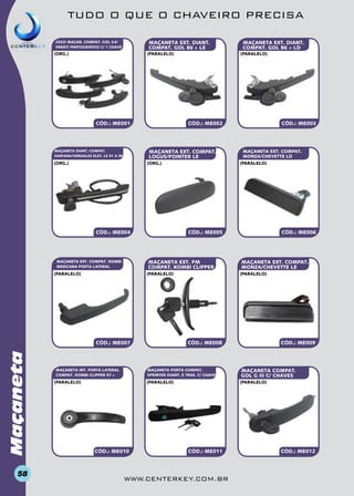 TUDO O QUE O CHAVEIRO PRECISA
MAÇANETA EXT. DIANT.
COMPAT. GOL 86 > LE

JOGO MAÇAN. COMPAT. GOL G4/
PARATI PANTOGRAFICO C/ 1 CHAVE

(org.)

(paralelo)

CÓD.: ME001

(org.)

CÓD.: ME002

(org.)

CÓD.: ME004

(paralelo)

Maçaneta

CÓD.: ME007

MAÇANETA EXT. COMPAT.
MONZA/CHEVETTE LE

CÓD.: ME008

(paralelo)

CÓD.: ME010

CÓD.: ME006

(paralelo)

MAÇANETA PORTA COMPAT.
SPRINTER DIANT. E TRAS. C/ CHAVE

(paralelo)

MAÇANETA EXT. COMPAT.
MONZA/CHEVETTE LD

CÓD.: ME005

(paralelo)

MAÇANETA INT. PORTA LATERAL
COMPAT. KOMBI CLIPPER 97 >

CÓD.: ME003

(paralelo)

MAÇANETA EXT. PM
COMPAT. KOMBI CLIPPER

MAÇANETA EXT. COMPAT. KOMBI
MEXICANA PORTA LATERAL

58

(paralelo)

MAÇANETA EXT. COMPAT.
LOGUS/POINTER LE

MAÇANETA DIANT. COMPAT.
SANTANA/VERSAILES ELET. LE 91 A 98

MAÇANETA EXT. DIANT.
COMPAT. GOL 86 > Ld

CÓD.: ME009

MAÇANETA COMPAT.
GOL G III C/ CHAVES
(paralelo)

CÓD.: ME011

www.centerkey.com.br

CÓD.: ME012

 