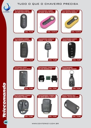TUDO O QUE O CHAVEIRO PRECISA
TELECOMANDO COMPAT.
FIAT MOD. NOVO PST ROSA

TELECOMANDO COMPAT.
FIAT MOD. NOVO PST PRETA

CÓD.: TL078

TELECOMANDO COMPAT.
FORD FOCUS NOVO (C/CHIP)

TELECOMANDO COMPLETO
COMPAT. L 200 TRITON

CÓD.: TL079

Telecomando

CÓD.: TL080

TELECOMANDO COMPATIVEL
GM COM MEMÓRIA PST

TELECOMANDO COMPAT.
PEUGEOT 2 BTS TRILHA AMARELA

68

CÓD.: TL078-A

CÓD.: TL082

TELECOMANDO COMPAT.
CORUJINHA VECTRA

CÓD.: TL083

TELECOMANDO COMPAT.
VW NEW BEETLE 3 BTS+P

CÓD.: TL086

CÓD.: TL087

www.centerkey.com.br

TELECOMANDO COMPAT. FIAT
MOD. NOVO PST AMARELO

CÓD.: TL078-B

TELECOMANDO COMPAT.
MODELO BMW (PST)

CÓD.: TL081

TELECOMANDO
COMPATIVEL TUCSON

CÓD.: TL085

CHAVE CANIVETE SECA
COMPAT. VOYAGE SEM CHIP

CÓD.: TL088

 
