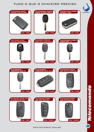 TUDO O QUE O CHAVEIRO PRECISA

CÓD.: TL089

CHAVE COMPAT. CAPTIVA
COM CHIP (P.PROCEDIMENTO)

CÓD.: TL092

TELECOMANDO
COMPATIVEL NEW FIT

CÓD.: TL096

TELECOMANDO COMPAT. MOD.
PST LINHA 300 REP. POLO

CÓD.: TL099

TELECOMANDO COMPAT.
HONDA ACCORD 3BTS+P

CANIVETE SECA COMPAT.
VOYAGE C/ CHIP

CÓD.: TL090

TELECOMANDO COMPATivel
HONDA 2 BTS + P (LOOK TODOS)

CÓD.: TL091

TELECOMANDO COMPAT.
HONDA 3BTS + P

CÓD.: TL094

TELECOMANDO
COMPATIVEL JETTA 753 N

CÓD.: TL095

TELECOMANDO COMPAT.
MOD. POLO PST LINHA 300

CÓD.: TL097

TELECOMANDO COMPAT.
MOD. AUDI LINHA 300

CÓD.: TL098

TELECOMANDO COMPAT.
MOD. STILO LINHA 300

CÓD.: TL099-A

www.centerkey.com.br

CÓD.: TL099-B

Telecomando

TELECOMANDO COMPAT.
CITROEN C4 PALLAS FAROL

69

 