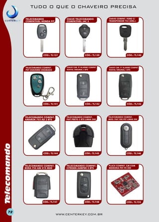 TUDO O QUE O CHAVEIRO PRECISA
CHAVE TELECOMANDO
COMPATIVEL JAC 3

TELECOMANDO
COMPATIVEL HONDA FIT

CÓD.: TL137

CHAVE CAN. P/ ALARME COMPAT.
KOSTAL ORIGINAL 2 BTS

TELECOMANDO COMPAT.
PST CHAVEIRO CROMADO

CÓD.: TL141

Telecomando

TELECOMANDO COMPAT.
AMAROK 753 AD 2 BTS

72

CÓD.: TL139

CÓD.: TL142

TELECOMANDO COMPAT.
FIAT PRETO 2 BTS LINHA 300

CÓD.: TL144

TELECOMANDO COMPAT.
BORA 753 AM 315 MHZ

CÓD.: TL145

TELECOMANDO COMPAT.
CITROEN JUMPER 3 BTS

CÓD.: TL147

CÓD.: TL148

www.centerkey.com.br

CHAVE COMPAT. FORD C/
TRANSPONDER T32 (ORG.)

CÓD.: TL140

CHAVE CAN. P/ ALARME COMPAT.
KOSTAL ORIGINAL 3 BTS

CÓD.: TL143

TELECOMANDO COMPAT.
MOD. FIAT 500 PST LINHA 300

CÓD.: TL146

PLACA COMPAT. GM COM
MEMORIA PST PX 300

CÓD.: TL155

 
