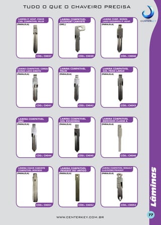 TUDO O QUE O CHAVEIRO PRECISA
LAMINA COMPATIVEL
ECOSPORT CANIVETE
(org.)

CÓD.: CH037

CÓD.: CH039

LAMINA COMPATIVEL CORSA/
MONZA LADO DIREITO

LAMINA COMPATIVEL
PALIO

(paralela)

(paralela)

CÓD.: CH041

LAMINA COMPATIVEL
UNO
(paralela)

LAMINA COMPATIVEL
GOL ESCADINHA

CÓD.: CH043

LAMINA COMPATIVEL
MERCEDES CLASSE A
(paralela)

CÓD.: CH045

LAMINA COMPATIVEL
PEUGEOT 307 ANTIGO
(paralela)

CÓD.: CH051

LAMINA COMPATIVEL
GOL FRISO LARGO

CÓD.: CH042

CÓD.: CH044

(paralela)

CÓD.: CH040

(paralela)

(paralela)

LÂMINA CHAVE CANIVETE
COMPATIVEL IX30/IX35

LAMINA COMP. MONZA
LADO ESQUERDO P/ ADAP.
(paralela)

CÓD.: CH046

LAMINA COMPATIVEL RENAULT
CLIO/SCENIC/PEUGEOT

(paralela)

CÓD.: CH052

www.centerkey.com.br

CÓD.: CH054

Lâminas

LAMINA P/ ADAP. CHAVE
CAN. COMPATIVEL HILUX
(paralela)

77

 