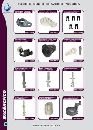 TUDO O QUE O CHAVEIRO PRECISA
EXCÊNTRICO MAÇANETA
DIANTEIRA COMPAT. ASTRA/CORSA

EXCÊNTRICO CILINDRO
PM COMPAT. FIESTA/KA

CÓD.: EX036

DISPOSITIVO TAMPA TRAS.
COMPAT. PALIO 2004 >

ARCO FECHO PM
COMPAT. FOX/GOL

CÓD.: EX039

Excêntrico

REMO COMPATivel GOL
BOLA MANUAL

82

CÓD.: EX037

CÓD.: EX102

REMO COMPATivel
GOL BOLA ELETRICO

CÓD.: EX042

REMO COMPATIVEL
POLO ANTIGO

CÓD.: EX043

BUCHA TRAVA COMPAT.
FOX ANTIMONIO

CÓD.: EX045

CÓD.: EX046

www.centerkey.com.br

EXCÊNTRICO IGNIÇÃO COMPAT.
VECTRA/AGILE NOVO C/ 5

CÓD.: EX038

EXCÊNTRICO FECHADURA
COMPAT. TEMPRA

CÓD.: EX041

REMO COMPATIVEL
GOLF

CÓD.: EX044

EXCENTRICO MAÇANETA COMPAT.
UNO/TEMPRA 4 PORTAS LE

CÓD.: EX047-E

 