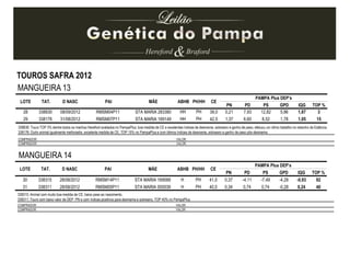 LOTE TAT. D NASC PAI MÃE ABHB PH/HH CE
PAMPA Plus DEP’s
PN PD PS GPD IQG TOP %
28 338830 08/09/2012 RMSM04P11 STA MARIA 283380 HH PH 39,0 0,21 7,93 12,82 5,86 1,87 3
29 338176 31/08/2012 RMSM07P11 STA MARIA 169149 HH PH 42,5 1,37 6,60 8,52 1,78 1,05 15
MANGUEIRA 13
COMPRADOR: VALOR:
COMPRADOR: VALOR:
338830: Touro TOP 3% dentre todos os machos Hereford avaliados no PampaPlus, boa medida de CE e excelentes índices de desmama, sobreano e ganho de peso, efetuou um ótimo trabalho no rebanho da Estância.
338176: Outro animal igualmente melhorador, excelente medida de CE, TOP 15% no PampaPlus e com ótimos índices de desmama, sobreano e ganho de peso pós-desmama.
TOUROS SAFRA 2012
MANGUEIRA 14
COMPRADOR: VALOR:
COMPRADOR: VALOR:
338315: Animal com muito boa medida de CE, baixo peso ao nascimento.
338311: Touro com baixo valor de DEP PN e com índices positivos para desmama e sobreano, TOP 40% no PampaPlus.
LOTE TAT. D NASC PAI MÃE ABHB PH/HH CE
PAMPA Plus DEP’s
PN PD PS GPD IQG TOP %
30 338315 28/08/2012 RMSM14P11 STA MARIA 169589 H PH 41,0 0,37 -4,11 -7,49 -4,28 -0,93 82
31 338311 28/08/2012 RMSM05P11 STA MARIA 500539 H PH 40,0 0,34 0,74 0,74 -0,28 0,24 40
 