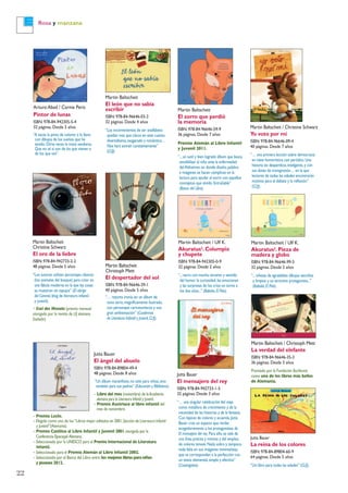 22
Rosa y manzana
Jutta Bauer
La reina de los colores
ISBN: 978-84-89804-60-9
64 páginas. Desde 5 años
“Un libro para todas las edades” (CLIJ).
Martin Baltscheit
Christine Schwarz
El oro de la liebre
ISBN: 978-84-942733-2-2
48 páginas. Desde 5 años
“Los autores utilizan personajes clásicos
(los animales del bosque) para crear en
una fábula moderna en la que las cosas
se muestran sin tapujos” (El abrigo
del Coronel,blog de literatura infantil
y juvenil).
− Esel des Monats (premio mensual
otorgado por la revista de LIJ alemana
Eselsohr).
Jutta Bauer
El mensajero del rey
ISBN: 978-84-942733-1-5
32 páginas. Desde 3 años
“… una singular celebración del viaje
como metáfora de crecimiento y de la
necesidad de las historias y de la fantasía.
Con lápices de colores y acuarela,Jutta
Bauer crea un espacio que recibe
acogedoramente a los protagonistas de
El mensajero del rey. Para ello,se vale de
una línea precisa y mínima y del empleo
de colores tenues.Nada sobra y tampoco
nada falta en sus imágenes minimalistas,
que se corresponden a la perfección con
un texto elemental,simple y efectivo”
(Cuatrogatos).
Martin Baltscheit / Christoph Mett
La verdad del elefante
ISBN: 978-84-96646-35-3
36 páginas. Desde 5 años
Premiado por la Fundación Buchkunst
como uno de los libros más bellos
de Alemania.
Martin Baltscheit / Ulf K.
Akuratus2. Columpio
y chupete
ISBN: 978-84-942305-0-9
32 páginas. Desde 2 años
“...narra con mucho encanto y sentido
del humor la curiosidad,las emociones
y las sorpresas de los críos en torno a
los dos años...” (Babelia,El País).
Martin Baltscheit / Ulf K.
Akuratus2. Pieza de
madera y globo
ISBN: 978-84-96646-99-5
32 páginas. Desde 2 años
“...viñetas de agradables dibujos sencillos
y limpios y un atractivo protagonista...”
(Babelia,El País).
Martin Baltscheit
El zorro que perdió
la memoria
ISBN: 978-84-96646-59-9
36 páginas. Desde 7 años
Premio Alemán al Libro Infantil
y Juvenil 2011.
”...un sutil y bien logrado álbum que busca
sensibilizar al niño ante la enfermedad
delAlzheimer,en donde diseño,palabra
e imágenes se hacen cómplices en la
lectura para ayudar al zorro con aquellos
conceptos que olvidó.Entrañable”
(Banco del Libro).
Jutta Bauer
El ángel del abuelo
ISBN: 978-84-89804-49-4
48 páginas. Desde 8 años
“Un álbum maravilloso,no sólo para niños,sino
también para sus padres” (Educación y Biblioteca).
– Libro del mes (noviembre) de laAcademia
alemana para la Literatura Infantil y Juvenil.
– Premio Austriaco al libro infantil del
mes de noviembre.
Arturo Abad / Carme Peris
Pintor de lunas
ISBN: 978-84-942305-5-4
32 páginas. Desde 5 años
“A veces la pinto de colores o la lleno
con dibujos de los sueños que he
tenido.Otras veces le trazo senderos.
Que no sé si son de los que vienen o
de los que van”.
– Premio Luchs.
– Elegido como uno de los“Libros mejor editados en 2001,Sección de Literatura Infantil
y Juvenil”(Alemania).
– Premio Católico al Libro Infantil y Juvenil 2001,otorgado por la
Conferencia Episcopal Alemana.
– Seleccionado por la UNESCO para el Premio Internacional de Literatura
Infantil.
– Seleccionado para el Premio Alemán al Libro Infantil 2002.
– Seleccionado por el Banco del Libro entre los mejores libros para niños
y jóvenes 2012.
Martin Baltscheit
El león que no sabía
escribir
ISBN: 978-84-96646-03-2
32 páginas. Desde 4 años
“Los inconvenientes de ser analfabeto
quedan más que claros en este cuento
divertidísimo,exagerado y romántico…
Nos hará sonreír constantemente”
(CLIJ).
Martin Baltscheit / Christine Schwarz
Yo voto por mí
ISBN: 978-84-96646-09-4
40 páginas. Desde 7 años
“… una primera lección sobre democracia
en clave humorística,casi paródica.Una
historia sin desperdicio,inteligente,y con
sus dotes de transgresión… en la que
lectores de todas las edades encontrarán
motivos para el debate y la reflexión”
(CLIJ).
Martin Baltscheit
Christoph Mett
El despertador del sol
ISBN: 978-84-96646-39-1
40 páginas. Desde 5 años
“… rezuma ironía,en un álbum de
tono serio,magníficamente ilustrado,
con personajes caricaturescos y una
gran ambientación” (Cuadernos
de Literatura Infantil y Juvenil,CLIJ).
 