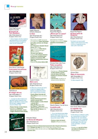 24
Rosa y manzana
Mohieddin Ellabad
La libreta del dibujante
ISBN: 978-84-96646-29-2
36 páginas. Desde 6 años
– Manzana de Oro de la Bienal Internacional del Libro Infantil de Bratislava.
– Premio Octogone de chêne del C.I.E.L.J.al mejor álbum extranjero (Francia).
– Seleccionado por el Banco del Libro como uno de los mejores libros para niños
y jóvenes 2010.
Horacio Elena
Majo, el rinoceronte
ISBN: 978-84-89804-77-7
32 páginas. Desde 4 años
“Un álbum estupendo” (CLIJ).
Eduardo Galeano / Luis de Horna
La piedra arde
ISBN: 978-84-85334-07-0
28 páginas. Desde 6 años
“… Con un ritmo literario de gran belleza,
Eduardo Galeano quiere hacer ver a sus
lectores que no olvidar es algo por lo que
hay que luchar siempre” (El País).
– Premio al Libro de Interés
Infantil del Ministerio de Cultura.
Karin Gruß /Tobias Krejtschi
La zapatilla roja
ISBN: 978-84-96646-98-8
32 páginas. Desde 7 años
“Un libro bello por la calidad de su gráfica,
por la expresividad de sus dibujos y la
utilización del color como elemento
dramático,así como por la originalidad
de la composición y la perspectiva de
las dobles páginas.Pero,sobre todo,
un libro conmovedor...” (Fundación
Cuatrogatos).
– Premiado como uno de los libros
más bellos de Alemania por la
Fundación Buchkunst.
Nuria Díaz Reguera
Raquel Díaz Reguera
¿Ahora qué va a pasar?
ISBN: 978-84-96646-78-0
36 páginas. Desde 4 años
Seleccionado por la Fundación
Cuatrogatos como uno de los 20 libros
altamente recomendados para
2013.
Raquel Díaz Reguera
Un beso antes de
desayunar
ISBN: 978-84-96646-62-9
36 páginas. Desde 4 años
“Una historia con la que se podrá
trabajar el mundo emotivo de los niños,
la ternura y la capacidad para dar y
recibir cariño” (Canal Lector).
Fulvia Degl'Innocenti
Roberto Lauciello
El secreto de
Tom Ossobuco
ISBN: 978-84-96646-94-0
36 páginas. Desde 5 años
“... historia intrigante y divertida,complemen-
tada perfectamente con unas simpáticas
ilustraciones que llenan las páginas de
humor con arte” (Canal Lector).
Doris Dörrie / Julia Kaergel
Luisa quiere ser princesa
ISBN: 978-84-89804-70-8
32 páginas. Desde 5 años
Claude K. Dubois
Akim corre
ISBN: 978-84-942733-3-9
96 páginas. Desde 6 años
“Un álbum duro y hermoso que recorre
el viaje de los refugiados y deja un
resquicio a la esperanza de un futuro
mejor” (Jurado del Premio de Libreros).
– Premio Álbum Ilustrado del
Año (2016) del Gremio de Libreros
de Madrid.
– Premio Alemán de Literatura
Infantil y Juvenil 2014.
– Premio Católico al Libro Infantil
y Juvenil 2014.
– Libro del Mes, febrero 2014.
– Los Mejores 7 Libros para
Jóvenes Lectores (Noviembre,2013).
– Sapo del Mes de Marzo de Die
Stube (Viena,2014).
Angèle Delaunois
Christine Delezenne
La llave
ISBN: 978-84-96646-48-3
32 páginas. Desde 6 años
– Seleccionado por el IBBY Internacional
en su selección de “Libros destacados
para niños y jóvenes con discapa-
cidad” 2011.
– Prix d'Illustration Elisabeth Mrazik
Cleaver (IBBY Canadá).
– Seleccionado para la White Ravens
2009 por la Internationale Jugend
Bibliothek de Múnich.
– The year's best 2009 list.
– Finalista del Prix Toronto-Dominion
de Littérature Canadienne pour
l'enfance et la jeunesse 2009.
– Sélection Communication-Jeunesse
2009-2010.
– Finalista del Prix Alvine-Bélisle 2009.
Christian Duda / Julia Friese
Todos sus patitos
ISBN: 978-84-96646-43-8
60 páginas. Desde 6 años
– Nominado para el Premio Alemán
al Libro Infantil y Juvenil.
– Lista de Honor del Premio
Católico de Literatura Infantil
y Juvenil.
– Luchs del mes,concedido por el
semanario Die Zeit y Radio Bremen.
Wolf Erlbruch
El milagro del oso
ISBN: 978-84-89804-51-7
36 páginas. Desde 5 años
“… un oso que nos roba el corazón con su
ingenuidad.La genial composición de las
páginas nos deja disfrutar a nuestras anchas
tanto del texto –inteligente y cómico–
como de los dibujos” (CLIJ).
– Premio Alemán al Libro Infantil.
–Wolf Erlbruch es Premio H.C.
Andersen de Ilustración y Astrid
Lindgren Memorial Award (ALMA).
 
