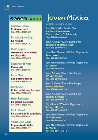 30
Lóguez Ediciones
Cada libro contiene un CD:
Susa Hämmerle /Anette Bley
La Bella Durmiente
Cuento ballet de P.I.Tchaikovsky
ISBN:978-84-96646-06-3
ErnstA.Ekker / Doris Eisenburger
Johann Sebastian Bach
ISBN:978-84-89804-48-7
Lene Mayer-Skumanz /Winfried Opgenoorth
Beethoven
ISBN:978-84-89804-90-6
Lene Mayer-Skumanz /Winfried Opgenoorth
F. Chopin
ISBN:978-84-96646-07-0
ErnstA.Ekker / Doris Eisenburger
W. A. Mozart
ISBN:978-84-89804-28-9
ErnstA.Ekker / Doris Eisenburger
Franz Schubert
ISBN:978-84-89804-29-6
ErnstA.Ekker / Doris Eisenburger
Johann Strauss
ISBN:978-84-89804-61-6
Sigrid Laube /Winfried Opgenoorth
Joseph Haydn
ISBN:978-84-96646-30-8
Lene Mayer-Skumanz /Winfried Opgenoorth
G. F. Händel
ISBN:978-84-96646-36-0
Lene Mayer-Skumanz /Winfried Opgenoorth
G. Verdi
ISBN:978-84-96646-51-3
Alberto Durero
El rinoceronte
ISBN: 978-84-89804-84-5
Francisco J. de Goya
La nevada
ISBN: 978-84-89804-14-2
Paul Gauguin
Arearea o la felicidad
en el paraíso
ISBN: 978-84-89804-47-0
Leonardo daVinci
Mona Lisa
ISBN: 978-84-89804-08-1
Franz Marc
Los potros azules
ISBN: 978-84-89804-68-5
Rembrandt
El festín del rey Baltasar
ISBN: 978-84-89804-09-8
Henri Rousseau
La gitana dormida
ISBN: 978-84-89804-30-2
Paolo Uccello
La batalla de la caballería
ISBN: 978-84-89804-24-1
Vincent van Gogh
El puente de Arles
ISBN: 978-84-89804-17-3
 