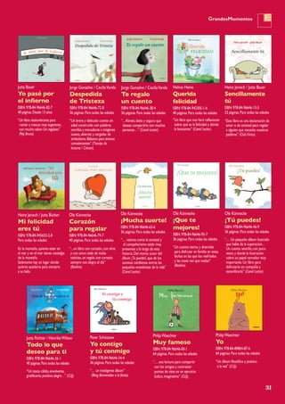 31
GrandesMomentos
Peter Schössow
Yo contigo
y tú conmigo
ISBN:978-84-96646-54-4
36 páginas.Para todas las edades
“… un inteligente álbum”
(Blog Bienvenidos a la fiesta).
PhilipWaechter
Muy famoso
ISBN:978-84-96646-00-1
64 páginas.Para todas las edades
“… una lectura para compartir
con los amigos y contrastar
puntos de vista en un ejercicio
lúdico,imaginativo” (CLIJ).
PhilipWaechter
Yo
ISBN:978-84-89804-87-6
64 páginas.Para todas las edades
“Un álbum filosófico y poético
a la vez” (CLIJ).
Helme Heine
Querida
felicidad
ISBN:978-84-942305-1-6
40 páginas.Para todas las edades
“Un libro que nos hará reflexionar
sobre qué es la felicidad y dónde
la buscamos” (Canal Lector).
Ole Könnecke
Corazón
para regalar
ISBN:978-84-96646-79-7
40 páginas.Para todas las edades
“...un libro con corazón,con alma
y con amor,nada de malas
noticias,un regalo con corazón
siempre nos alegra el día”
(Boolino).
Heinz Janisch / Jutta Bücker
Mi felicidad
eres tú
ISBN:978-84-945653-2-8
Para todas las edades
En la montaña,quieres estar en
el mar y en el mar tienes nostalgia
de la montaña.
Solamente hay un lugar donde
quieres quedarte para siempre:
a su lado.
Ole Könnecke
¡Mucha suerte!
ISBN:978-84-96646-63-6
36 páginas.Para todas las edades
“… valores como la amistad y
el compañerismo están muy
presentes a lo largo de esta
historia.Del mismo autor del
álbum ¡Tú puedes!,que de los
sucesos cotidianos extrae las
pequeñas enseñanzas de la vida”
(Canal Lector).
Ole Könnecke
¡Tú puedes!
ISBN:978-84-96646-46-9
36 páginas.Para todas las edades
“… Un pequeño álbum ilustrado
que habla de la superación...
Un cuento sencillo,con poco
texto y donde la ilustración
cobra un papel narrador muy
importante.Un libro para
disfrutarlo en compañía y
escenificarlo” (Canal Lector).
Ole Könnecke
¡Que te
mejores!
ISBN:978-84-96646-95-7
36 páginas.Para todas las edades
“Un cuento tierno y divertido
para disfrutar en familia en estas
fechas en las que los resfriados
y las toses van que vuelan”
(Boolino).
Jutta Bauer
Yo pasé por
el infierno
ISBN:978-84-96646-82-7
40 páginas.Desde 13 años
“Un libro deslumbrante para
rumiar y mascar,muy sugerente,
con mucho sabor.Un regalazo”
(Pep Bruno).
Jutta Richter / HenrikeWilson
Todo lo que
deseo para ti
ISBN:978-84-96646-26-1
40 páginas.Para todas las edades
“Un texto cálido,envolvente,
gratificante,positivo,alegre…” (CLIJ).
Jorge Gonzalvo / CeciliaVarela
Despedida
de Tristeza
ISBN:978-84-96646-72-8
36 páginas.Para todas las edades
“Un breve y delicado cuento sin
edad construido con palabras
sencillas y evocadoras e imágenes
suaves,abiertas y cargadas de
simbolismo.Bálsamo para ánimos
convalecientes” (Tiempo de
lecturas / Civican).
Jorge Gonzalvo / CeciliaVarela
Te regalo
un cuento
ISBN:978-84-96646-38-4
36 páginas.Para todas las edades
“...Ábrelo,léelo y seguro que
deseas compartirlo con muchas
personas…” (Canal Lector).
Heinz Janisch / Jutta Bauer
Sencillamente
tú
ISBN:978-84-96646-15-5
32 páginas.Para todas las edades
“Este libro es una declaración de
amor o de amistad para regalar
a alguien que necesite nuestras
palabras” (Club Kirico).
 