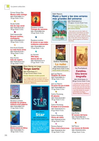 34
La joven colección
Carmen Gómez Ojea
Nunca soñé contigo
ISBN: 978-84-89804-33-3
136 pgs. Desde 13 años
Nicolás Guillén
Isla de rojo coral
ISBN: 978-84-85334-68-1
140 pgs. Desde 12 años
Heidi Hassenmüller
Buenas noches,
muñequita
ISBN: 978-84-89804-02-9
128 pgs. Desde 13 años
Anne Karali (Gudule)
La vida hacia atrás
ISBN: 978-84-85334-84-1
128 pgs. Desde 12 años
Klaus Kordon
Sala de espera
ISBN: 978-84-85334-56-8
132 pgs. Desde 13 años
Marjaleena Lembcke
Cuando las piedras
todavía eran pájaros
ISBN: 978-84-89804-25-8
112 pgs. Desde 10 años
Marjaleena Lembcke
Nunca estuvo en África
ISBN: 978-84-89804-79-1
128 pgs. Desde 10 años
Marjaleena Lembcke
Tiempo de secretos
ISBN: 978-84-89804-58-6
120 pgs. Desde 10 años
Marjaleena Lembcke
El verano en que todos
estábamos enamorados
ISBN: 978-84-89804-34-0
132 pgs. Desde 11 años
Juri Korinetz
Allá lejos,
detrás del río
ISBN: 978-84-85334-67-4
214 pgs. Desde 11 años
Salah Naoura
Star
ISBN: 978-84-944295-4-5
216 pgs. Cartoné. Desde 9 años
“Una increíble, emocionante y,
sobre todo, tremendamente
divertida historia” (Boolino).
“Naoura ha logrado una historia
creíble, bien resuelta y que no
dejará indiferente a nadie”
(Boolino).
José Luis Navarro
Ángeles de arena
ISBN: 978-84-89804-95-1
148 pgs. Desde 12 años
José Luis Navarro
Un punto más que el diablo
ISBN: 978-84-89804-69-2
172 pgs. Desde 12 años
Gudrun Pausewang
El abismo
ISBN: 978-84-85334-88-9
194 pgs. Desde 13 años
Gudrun Pausewang
El abuelo en el carromato
ISBN: 978-84-85334-57-5
64 pgs. Desde 10 años
Gudrun Pausewang
Visita de niños
ISBN: 978-84-85334-69-8
144 pgs. Desde 13 años
Florence Reynaud
Tom, el de la Sexta Luna
ISBN: 978-84-85334-78-0
152 pgs. Desde 12 años
Iva Procházková
Carolina.
Una breve
biografía
ISBN: 978-84-96646-13-1
208 pgs. Cartoné. Desde 12 años
“... La autora teje una novela que
puede parecer sencilla a prime-
ra vista, pero que está muy bien
escrita, perfectamente hilvanada
y que está dotada de una gran
profundidad psicológica…”
(Revista Educación y Biblioteca).
Jutta Richter
El verano del lucio
ISBN: 978-84-89804-88-3
128 pgs. Rústica. Desde 10 años
Ralf Thenior
Las moscas de Belcebú
ISBN: 978-84-85334-89-6
160 pgs. Desde 12 años
Alexa Hennig von Lange
Tengo suerte
ISBN: 978-84-96646-37-7
212 pgs. Cartoné. Desde 13 años
Premio Alemán al Libro Juvenil.
“(...) consigue mantener la tensión hasta el
final, un final «feliz» que, sin duda, a la mayoría
de los lectores les hará sentirse afortunados”
(Educación y Biblioteca).
ISBN: 978-84-96646-93-3
134 páginas. Cartoné. Desde 9 años
Seleccionado por Babelia (El País) como
uno de los 5 mejores libros de 2014
para nuevos lectores.
“...Esta novela corta de ritmo rápido,con
acontecimientos sorprendentes que asaltan
al lector y le invitan a seguir leyendo,con
personajes bien trazados y sentido del humor,
deja un buen sabor de boca después de su
lectura y algunas preguntas casi filosóficas...”
(Club Kirico).
Salah Naoura
Matti y Sami y los tres errores
más grandes del universo
Gudrun Pausewang
La nube
ISBN: 978-84-96646-04-9
144 pgs. Rústica. Desde 12 años
Premio alemán al libro juvenil.
 