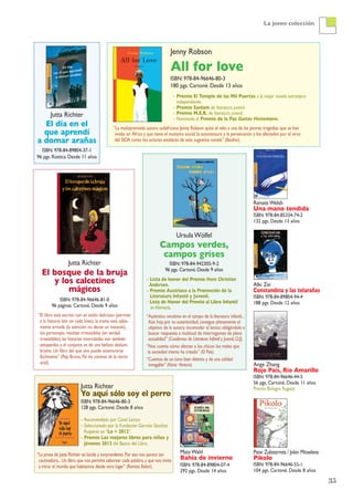 35
La joven colección
Jutta Richter
El día en el
que aprendí
a domar arañas
ISBN: 978-84-89804-37-1
96 pgs. Rústica. Desde 11 años
Mats Wahl
Bahía de invierno
ISBN: 978-84-89804-07-4
292 pgs. Desde 14 años
Renate Welsh
Una mano tendida
ISBN: 978-84-85334-74-2
132 pgs. Desde 13 años
Alki zei
Constandina y las telarañas
ISBN: 978-84-89804-94-4
188 pgs. Desde 12 años
Ange zhang
Rojo País, Río Amarillo
ISBN: 978-84-96646-44-5
56 pgs. Cartoné. Desde 11 años
Premio Bologna Ragazzi
Patxi zubizarreta / Jokin Mitxelena
Pikolo
ISBN: 978-84-96646-55-1
104 pgs. Cartoné. Desde 8 años
– Recomendado por Canal Lector.
– Seleccionado por la Fundación Germán Sánchez
Ruipérez en “Lo + 2012”.
– Premio Los mejores libros para niños y
jóvenes 2013 del Banco del Libro.
Jutta Richter
Yo aquí sólo soy el perro
ISBN: 978-84-96646-80-3
128 pgs. Cartoné. Desde 8 años
“La prosa de Jutta Richter es lúcida y sorprendente.Por eso nos parece tan
cautivadora...Un libro que nos permite saborear cada palabra,y que nos invita
a mirar el mundo que habitamos desde otro lugar” (Revista Babar).
– Lista de honor del Premio Hans Christian
Andersen.
– Premio Austriaco a la Promoción de la
Literatura Infantil y Juvenil.
– Lista de Honor del Premio al Libro Infantil
enAlemania.
Ursula Wölfel
Campos verdes,
campos grises
ISBN: 978-84-942305-9-2
96 pgs. Cartoné. Desde 9 años
“Auténtico revulsivo en el campo de la literatura infantil...
Aún hoy, por su autenticidad, consigue plenamente el
objetivo de la autora: incomodar al lector, obligándole a
buscar respuesta a multitud de interrogantes de plena
actualidad” (Cuadernos de Literatura Infantil y Juvenil,CLIJ).
“Nos cuenta cómo afectan a los chicos los males que
la sociedad misma ha creado” (El País).
“Cuentos de un tono bien distinto y de una calidad
innegable” (Núria Ventura).
Jenny Robson
All for love
ISBN: 978-84-96646-80-3
180 pgs. Cartoné. Desde 13 años
– Premio El Templo de las Mil Puertas a la mejor novela extranjera
independiente.
– Premio Sanlam de literatura juvenil.
– Premio M.E.R. de literatura juvenil.
– Nominado al Premio de la Paz Gustav Heinemann.
“La multipremiada autora sudafricana Jenny Robson quita el velo a una de las peores tragedias que se han
vivido en África y que tiene el mutismo social, la autocensura y la persecución a los afectados por el virus
del SIDA como los actores estelares de esta sugestiva novela” (Boolino).
Jutta Richter
El bosque de la bruja
y los calcetines
mágicos
ISBN: 978-84-96646-81-0
96 páginas. Cartoné. Desde 9 años
“El libro está escrito con un estilo delicioso (permite
a la historia latir en cada línea), la trama está sabia-
mente armada (la atención no decae un instante),
los personajes resultan irresistibles (en verdad
irresistibles),las historias intercaladas son también
estupendas y el conjunto es de una belleza deslum-
brante. Un libro del que uno puede enamorarse
fácilmente” (Pep Bruno, Por los caminos de la tierra
oral).
 