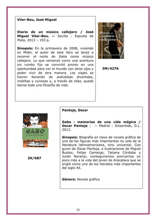 28
3M/4276
3X/687
Vilar-Bou, José Miguel
Diario de un músico callejero / José
Miguel Vilar-Bou. -- Sevilla : Espuela de
Plata, 2013 – 193 p.
Sinopsis: En la primavera de 2008, viviendo
en Milán, el autor de este libro se lanzó a
recorrer el norte de Italia como músico
callejero. Lo que comenzó como una aventura
sin rumbo fijo se convirtió pronto en una
oportunidad para ver el mundo con otros ojos y
poder vivir de otra manera. Los viajes se
fueron llenando de anécdotas divertidas,
insólitas y curiosas y, a través de ellas, puede
leerse toda una filosofía de vida.
Pantoja, Oscar
Gabo : memorias de una vida mágica /
Oscar Pantoja ; -- Madrid : Sinsentido, D.L.
2013.
Sinopsis: Biografía en clave de novela gráfica de
una de las figuras más importantes no solo de la
literatura latinoamericana, sino universal. Con
guion de Óscar Pantoja, e ilustraciones de Miguel
Bustos, Felipe Camargo, Tatiana Córdoba y
Julián Naranjo, conseguiremos acercarnos un
poco más a la vida del joven de Aracataca que se
erigió como uno de los literatos más importantes
del siglo XX.
Género: Novela gráfica
 