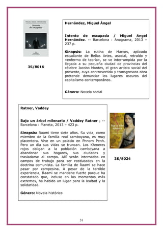 31
3S/8016
3S/8024
Ratner, Vaddey
Bajo un árbol milenario / Vaddey Ratner ; --
Barcelona : Planeta, 2013 – 423 p.
Sinopsis: Raami tiene siete años. Su vida, como
miembro de la familia real camboyana, es muy
placentera. Vive en un palacio en Phnom Penh.
Pero un día sus vidas se truncan. Los Khmeres
rojos obligan a la población camboyana a
abandonar sus hogares, sus ciudades y
trasladarse al campo. Allí serán internados en
campos de trabajo para ser reeducados en la
doctrina comunista. La familia de Raami se hace
pasar por campesina. A pesar de la terrible
experiencia, Raami se mantiene fuerte porque ha
constatado que, incluso en los momentos más
extremos, ha habido un lugar para la lealtad y la
solidaridad.
Género: Novela histórica
Hernández, Miguel Ángel
Intento de escapada / Miguel Angel
Hernández. -- Barcelona : Anagrama, 2013 –
237 p.
Sinopsis: La rutina de Marcos, aplicado
estudiante de Bellas Artes, asocial, retraído y
«enfermo de teoría», se ve interrumpida por la
llegada a su pequeña ciudad de provincias del
célebre Jacobo Montes, el gran artista social del
presente, cuya controvertida y transgresora obra
pretende denunciar los lugares oscuros del
capitalismo contemporáneo.
Género: Novela social
 