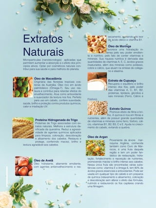 Micropartículas (nanotecnologia) aplicadas que
permitem aumentar a absorção e o efeito dos prin-
cípios ativos. Optar por cosméticos naturais con-
tribui para sua saúde e para melhora do planeta.
Óleo de Macadâmia
Originária das florestas tropicais cos-
teiras da Austrália. Óleo rico em ácido
palmitoleico (Ômega-7). Seu uso res-
taura e contribui para retardar efeitos do
envelhecimento. Atua como antioxidante
e suavizador da textura nos fios. Perfeito
para uso em cabelo, confere suavidade,
saúde, brilho e proteção contra produtos químicos,
calor e irradiação UV.
Proteína Hidrogenada do Trigo
Proteínas de Trigo associadas com ex-
tratos naturais. Melhora a estrutura da-
nificada da queratina. Reduz a agressi-
vidade de agentes químicos aplicados
para limpeza, coloração, descoloração
e alisamento dos cabelos. Restaura e
protege, conferindo maciez, brilho e
textura agradável aos cabelos.
Óleo de Avelã
Óleo hidratante, altamente emoliente,
com agentes antienvelhecimento e res-
secamento, contendo alto teor
de ácido oleico e vitamina B1.
Óleo de Moringa
Favorece uma hidratação in-
tensa pelo seu poder emolien-
te e nutritivo, pelo fato de conter vitaminas e
minerais. Sua riqueza nutritiva é derivada das
quantidades de vitaminas A, E, C, ácidos graxos
insaturados, além dos minerais como potássio,
cobre e cálcio, que atuam na síntese de coláge-
no e elastina.
Extrato de Cupuaçu
Recupera o equilíbrio e brilho
intenso dos fios, pelo poder
das vitaminas A, C, B1, B2,
proteínas, lipídeos, glicídios e
sais minerais (Ferro, Cálcio e
Fósforo).
Extrato Quinoa
Promove efeito de filme e bri-
lho. A quinoa é rica em fibras e
nutrientes, além de possuir grande quantidade
de vitaminas e minerais como ferro, fósforo, cál-
cio, vitaminas B1, B2, B3, C e E. Ajuda no cresci-
mento do cabelo, evitando a quebra.
Óleo de Argan
Proveniente da árvore mar-
roquina Argânia, conhecida
também como Ouro de Mar-
rocos, é uma fruta daquela
região e tem um poder fan-
tástico de restauração, hidra-
tação, fortalecimento e reposição de nutrientes,
promovendo maciez e brilho intenso aos cabelos.
Nessa única fruta são encontradas várias subs-
tâncias como: vitamina E e ômega 6, tem 80% de
ácidos graxos essenciais e antioxidantes. Pode ser
usada em qualquer tipo de cabelo e em preparos
de química (relaxamento e alisamento), coloração
e descoloração sem alterar o efeito das fórmulas,
nutrindo e restaurando os fios capilares criando
uma filmagem.
Extratos
Naturais
40
 