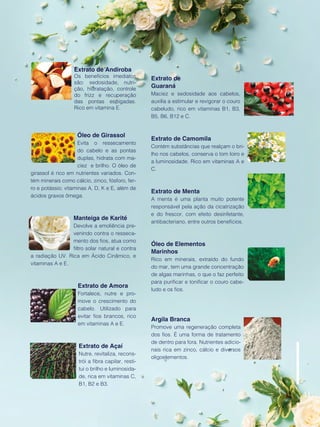 Extrato de Andiroba
Os benefícios imediatos
são: sedosidade, nutri-
ção, hidratação, controle
do frizz e recuperação
das pontas espigadas.
Rico em vitamina E.
Óleo de Girassol
Evita o ressecamento
do cabelo e as pontas
duplas, hidrata com ma-
ciez e brilho. O óleo de
girassol é rico em nutrientes variados. Con-
tém minerais como cálcio, zinco, fósforo, fer-
ro e potássio; vitaminas A, D, K e E, além de
ácidos graxos ômega.
Manteiga de Karité
Devolve a emoliência pre-
venindo contra o resseca-
mento dos fios, atua como
filtro solar natural e contra
a radiação UV. Rica em Ácido Cinâmico, e
vitaminas A e E.
Extrato de Amora
Fortalece, nutre e pro-
move o crescimento do
cabelo. Utilizado para
evitar fios brancos, rico
em vitaminas A e E.
Extrato de Açaí
Nutre, revitaliza, recons-
trói a fibra capilar, resti-
tui o brilho e luminosida-
de, rica em vitaminas C,
B1, B2 e B3.
Extrato de
Guaraná
Maciez e sedosidade aos cabelos,
auxilia a estimular e revigorar o couro
cabeludo, rico em vitaminas B1, B3,
B5, B6, B12 e C.
Extrato de Camomila
Contém substâncias que realçam o bri-
lho nos cabelos, conserva o tom loiro e
a luminosidade. Rico em vitaminas A e
C.
Extrato de Menta
A menta é uma planta muito potente
responsável pela ação da cicatrização
e do frescor, com efeito desinfetante,
antibacteriano, entre outros benefícios.
Óleo de Elementos
Marinhos
Rico em minerais, extraído do fundo
do mar, tem uma grande concentração
de algas marinhas, o que o faz perfeito
para purificar e tonificar o couro cabe-
ludo e os fios.
Argila Branca
Promove uma regeneração completa
dos fios. É uma forma de tratamento
de dentro para fora. Nutrientes adicio-
nais rica em zinco, cálcio e diversos
oligoelementos.
41
 