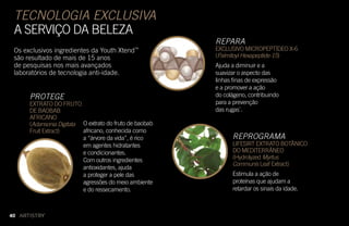 TECNOLOGIA EXCLUSIVA
A SERVIÇO DA BELEZA
Os exclusivos ingredientes da Youth Xtend™
são resultado de mais de 15 anos
de pesquisas nos mais avançados
laboratórios de tecnologia anti-idade.
REPROGRAMA
LIFESIRT EXTRATO BOTÂNICO
DO MEDITERRÂNEO
(Hydrolyzed Myrtus
Communis Leaf Extract)
Estimula a ação de
proteínas que ajudam a
retardar os sinais da idade.
REPARA
EXCLUSIVO MICROPEPTÍDEO X-6
(Palmitoyl Hexapeptide-15)
Ajuda a diminuir e a
suavizar o aspecto das
linhas finas de expressão
e a promover a ação
do colágeno, contribuindo
para a prevenção
das rugas*
.
PROTEGE
EXTRATO DO FRUTO
DE BAOBAB
AFRICANO
(Adansonia Digitata
Fruit Extract)
O extrato do fruto de baobab
africano, conhecida como
a “árvore da vida”, é rico
em agentes hidratantes
e condicionantes.
Com outros ingredientes
antioxidantes, ajuda
a proteger a pele das
agressões do meio ambiente
e do ressecamento.
40
 