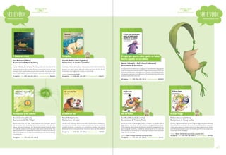 serie verde

serie verde

Prelectores desde 4 años

Prelectores desde 4 años

Y llovieron ranas

Tomasito

Sara Bertrand (chilena)
Ilustraciones de Rafael Yockteng

Graciela Beatriz Cabal (argentina)
Ilustraciones de Sandra Lavandeira

A Ulda le gustan los mariscos. También, cantar con sus hermanas,
pero lo que más le gusta hacer, precisamente porque le intriga, es
conocer el mundo que la rodea. Así fue como se percató de algunas
rarezas, cosas inexplicables que ocurrían a su lado. Una historia que
narra lo que sucede mientras el hombre construye sobre los cerros.

Tomasito vive el proceso de su nacimiento. Está un poco asustado,
pero sabe que afuera lo están esperando las personas que más lo
quieren. Un relato dulce, delicado y lleno de amor de uno de los
momentos más mágicos en la vida de una familia.

52 páginas / isbn: 978-956-347-503-6 / convenio marco: 896549

premio: Lista de Honor ALIJA.
44 páginas / isbn: 978-956-347-139-7 / convenio marco: 846514

El topo que quería saber quién se había
hecho aquello en su cabeza
Werner Holzwarth – Wolf Erlbruch (alemanes)
Ilustraciones de los autores
Un topo asoma la cabeza por un agujero y cae sobre ella «algo gordo
y marrón parecido a una salchicha». Enojado busca al que lo hizo. Los
animales se disculpan diciendo que no fueron y mostrándole cómo
«lo hacen» para que vea la diferencia. Finalmente el topo descubre
que fue el perro del carnicero.
48 páginas / isbn: 978-956-239-251-8 / convenio marco: 809409

Ochopatas y un cuento

El valiente Teo

Día de lluvia

El Gran Hugo

Beatriz Concha (chilena)
Ilustraciones de Alex Pelayo

Erhard Dietl (alemán)
Ilustraciones del autor

Ana María Machado (brasileña)
Ilustraciones de Françesc Rovira

Andrea Maturana (chilena)
Ilustraciones de Ronny Landau

Mamá araña tuvo 213 hijas. Todas salieron muy normales, pero la
última era bien rara; se pasaba todo el día cantando: «Soy una mariposa, soy una mariposa». Sus hermanas intentan hacerla entrar
en razón de variadas maneras, pero nada parece convencerla. Tras
algunas desventuras, finalmente se acepta a sí misma. Descubrir lo
que somos puede ser un viaje con tropiezos, pero la vida nos enseña
a conocernos.

Teo era muy miedoso, temía a casi todo. Un día vacía su alcancía y
se compra una horrible máscara para asustar a sus miedos, pero ella
también lo asusta. La recorta y la convierte en antifaz, con el que
definitivamente vence sus temores. Ahora es el Zorro, ¡el más valiente!

Guillermo recibe a sus amigos Isabel y Enrique. No pueden salir a
jugar porque va a llover. Deciden utilizar su imaginación, así pasan
el día viajando sobre lomos de elefantes (cojines), navegando en un
barco (caja de cartón) y, finalmente, descansando en la cueva de
los osos (bajo el cubrecama). Un relato que muestra cómo se puede
viajar sin salir de casa.

De niño, Hugo siempre soñó con ser un gran mago, aunque no siempre
obtuvo buenos resultados. Al crecer se interesó por hacer aparecer
cosas como mesas y conejos, pero en su lugar apareció una mujer,
unos niños que adoptó y varios animalitos que formaron, sin querer,
la vida que tanto anhelaba.

36 páginas / isbn: 978-956-239-206-8

32 páginas / isbn: 978-956-347-373-5 / convenio marco: 896579

premio: Hans Christian Andersen (escritura) 2000.
28 páginas / isbn: 978-956-347-208-0 / convenio marco: 886182

premio: Altazor de literatura para niños y jóvenes 2013.
40 páginas / isbn: 978-956-347-346-9 / convenio marco: 903108

pág.17

 