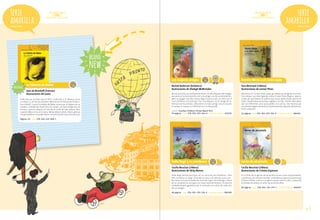 serie
amarilla

serie
amarilla
Desde 6 años

Desde 6 años

brand

new
Los mejores amigos

novedad

La historia de Babar

CRA

Jean de Brunhoff (francés)
Ilustraciones del autor

Publicado por primera vez en 1931 y traducido a 27 idiomas, ya es
un clásico y uno de los primeros álbumes en la historia de la literatura infantil. Cuando la madre de Babar muere por el disparo de un
cazador, el elefantito huye hacia la ciudad y se hace amigo de una
anciana, quien lo adopta y le enseña el modo de vida urbano. Pero
cuando fallece el rey en la selva, Babar deberá volver. Ahora, gracias
a lo aprendido en la ciudad, Babar será nombrado como el nuevo rey.

Ramiro Mirón o el ratón espía

CRA

Rachel Anderson (británica)
Ilustraciones de Shelagh McNicholas

Sara Bertrand (chilena)
Ilustraciones de Leonor Pérez

Bea es una niña con síndrome de Down. Un día, después del colegio,
encuentra a su hermana Ana con una amiga. Las dos se entretienen,
pero no juegan con ella. Pronto llega al barrio Juan, un niño con el
cual comienza una amistad. Tras una disputa con la amiga de su
hermana se reconcilian, y Bea tiene un nuevo amigo. Una invitación
a trabajar el respeto a la diferencia y a la diversidad.

Ramiro es un curioso ratón espía que desea ser amigo de una niña.
Para disipar sus interrogantes visita al viejo Patas Negras, quien a
través de una historia le explica que nunca debe olvidar que es un
ratón. Desde entonces le hace regalos a la niña. Ambos descubren
que son diferentes, pero que pueden vivir juntos. Una historia que
nos plantea alegóricamente el cuestionamiento sobre las diferencias:
unen o separan.

premio: Guardian Children's Fiction Award 1992.
64 páginas / isbn: 978-956-239-064-4 / convenio marco: 822558

62 páginas / isbn:978-956-239-783-4 / convenio marco: 886183

Páginas: 64 / isbn: 978-956-239-498-7

Delia Degú y su sombrero

CRA

Genio de alcachofa

CRA

Cecilia Beuchat (chilena)
Ilustraciones de Vicky Ramos

Cecilia Beuchat (chilena)
Ilustraciones de Cristina Espinoza

Delia Degú decide participar en un concurso de sombreros. Para
ello comienza un largo recorrido en busca de adornos para confeccionar uno que le pueda dar el primer lugar. Sin embargo, al final
de la competencia la espera un nuevo descubrimiento: el sentirse
verdaderamente ganadora por la amistad y el cariño de cada uno
de sus amigos.

En el reino de los genios de alcachofas pasan cosas sorprendentes.
La princesa, de carácter retraído, un día tiene un gran encuentro que
la hará cambiar: conoce a un genio a quien salva la vida y, a pesar de
la timidez de ambos, el amor nacerá entre ellos.
40 páginas / isbn: 978-956-239-274-7 / convenio marco: 886087

48 páginas / isbn: 978-956-239-358-4 / convenio marco: 886084

pág.23

 