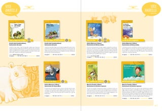 serie
amarilla

serie
amarilla
Desde 6 años

Desde 6 años

Eva y su Tan

Sapo y Sepo son amigos

Sapo y Sepo, un año entero

Arnold Lobel (estadounidense)
Ilustraciones del autor

Arnold Lobel (estadounidense)
Ilustraciones del autor

Andrea Maturana (chilena)
Ilustraciones de Ronny Landau

Andrea Maturana (chilena)
Ilustraciones de Ronny Landau

Cuentos en que Sapo y Sepo son grandes amigos que comparten
muchas aventuras, logrando así reafirmar cada vez más su amistad.
Celebran la llegada de la primavera, se cuentan cuentos para sentirse
mejor, ayudan a buscar un botón perdido, se escriben cartas y, por
sobre todo, respetan sus diferencias individuales.

Cuentos en que Sapo y Sepo son los mejores amigos del mundo. Juntos
comparten cada una de las estaciones del año. En otoño barren las
hojas, en invierno disfrutan del trineo, descubren la primavera a la
vuelta de la esquina, disfrutan de un helado en verano y finalmente
disfrutan de una feliz Nochebuena.

La historia cuenta la visita del rey Samuel y la princesa Ana a la Isla
de las Langostas. Sus vecinos y en particular Martín están ansiosos
por su llegada. La visita real se prolonga por las malas condiciones
climáticas y se transforma en días de compañía, intercambio de
tradiciones, historias y leyendas.

premio: Medalla Caldecott 1981.
68 páginas / isbn: 978-956-239-088-0 / convenio marco: 858102

68 páginas / isbn: 978-956-239-099-6 / convenio marco: 845031

Eva es una niña que tiene un mejor amigo, su pequeño y suave peluche Tan, del que no se separa nunca. Sin embargo, un día lo pierde,
entonces Eva, su familia y sus amigos empiezan una gran búsqueda
que termina solo cuando su abuela le confecciona un nuevo Tan. Un
libro que nos habla de lo doloroso que es perder a alguien, pero que
nos enseña que es posible volver a querer.

CRA

La Isla de las Langostas

CRA

64 páginas / isbn: 978-956-239-931-9 / convenio marco: 879573

premio: Lista de Honor IBBY.
52 páginas / isbn: 978-956-239-382-9 / convenio marco: 822551

El moco de Clara

CRA

¡Ay, cuánto me quiero!

CRA

Mi hermano gigante

Andrea Maturana (chilena)
Ilustraciones de Joanna Mora

Mauricio Paredes (chileno)
Ilustraciones de Verónica Laymuns

Mauricio Paredes (chileno)
Ilustraciones de Verónica Laymuns

El cuento narra el viaje que hace el «moco» de Clara hasta su sala.
La clase es interrumpida cuando alguien lo descubre. Todos ríen a
carcajadas sin saber que cada corazón guarda una pena, una preocupación. Entonces Clara descubre que es posible reír y que las
penas pasan.

Un niño con una gran autoestima se quiere, se admira e invita a su
madre, a su profesora y a tantos otros a dar gracias por su existencia.
Cierto día conoce a una niña, a quien le ayuda a vencer a los monstruos de la noche, le hace terminar con su amigo imaginario y, sin
darse cuenta, se transformarán en amigos reales.

32 páginas / isbn: 978-956-239-751-3 / convenio marco: 767651

64 páginas / isbn: 978-956-239-727-8 / convenio marco: 845023

Mi hermano grande vive en una casa sin rejas, donde el que lo desea
llega a jugar en su jardín. Un día llegó a dormir allí un hombre con su
pájaro y su perro. Preocupado, les consiguió un albergue, pero no lo
aceptaron porque eran felices en el jardín. Llegó el invierno y en un
día muy frío, el invitado no despertó más. Mi hermano grande está
seguro de que llegó al cielo. Un libro que abre espacios de reflexión
y conversación sobre la muerte, la generosidad y la pobreza.
52 páginas / isbn: 978-956-347-342-1 / convenio marco: 880090

pág.27

 