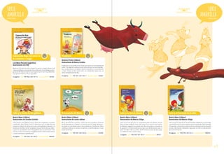 serie
amarilla

serie
amarilla
Desde 6 años

Caperucita Roja (tal como se
lo contaron a Jorge)

Desde 6 años

CRA

Luis María Pescetti (argentino)
Ilustraciones de O'Kif
Mientras la mamá no está, el papá le cuenta a Jorge la historia de
Caperucita Roja en una versión muy tradicional. Sin embargo, la imaginación del niño convierte a esa Caperucita en otra muy diferente,
una que encantará a chicos y grandes.
32 páginas / isbn: 978-956-239-577-9 / convenio marco: 767278

Prudencia

CRA

Verónica Prieto (chilena)
Ilustraciones de Ronny Landau
Prudencia es una cerdita muy tímida que sueña con ser bailarina de
ballet. Tras algunos tropiezos se da cuenta de que no tiene habilidades y así descubre su verdadero talento futbolístico, sorprendiendo
a todos. Desde ese día, al descubrir sus habilidades deportivas, se
siente verdaderamente feliz.
44 páginas / isbn: 978-956-239-625-7 / convenio marco: 765067

Celia y la fiesta de las galletas

El muuundo de Maca

Beatriz Rojas (chilena)
Ilustraciones de Carolina Schütte

Beatriz Rojas (chilena)
Ilustraciones de Loreto Salinas

Beatriz Rojas (chilena)
Ilustraciones de Roberto Siñiga

Beatriz Rojas (chilena)
Ilustraciones de Roberto Siñiga

Celia prepara unas galletas para su fiesta de cumpleaños. Al querer
comérselas, ellas cobran vida y le advierten que no debe hacerlo
porque es celíaca. Sin oírlas las come y sufre grandes molestias. La
doctora le enseña a comer sin gluten, así que, de esa forma, elabora para su cumpleaños unas ricas galletas que ya no le hacen mal.
Gracias a Celia conoceremos amigablemente la enfermedad celíaca
y ricas recetas para sobrellevarla.

Maca, aburrida de su potrero, sueña con otras praderas. Entonces
decide abandonar su rebaño y se aventura en la ciudad. Allí descubre quién es, de dónde viene y hacia dónde va. Finalmente, Maca
comienza a añorar su campo y su potrero, y decide regresar a casa,
donde pertenece.

León es un niño que para su cumpleaños pide tres deseos. Uno de
ellos se hace realidad: comer solo cosas ricas. Esto le trae muchos
problemas, engorda y se queda solo. Pero de pronto su corazón se
le aparece y le indica alternativas para una alimentación sana. A
pesar de haber sido un sueño, desde entonces León decide cuidar
su calidad de vida y comer mejor.

León y su perro Chaucha se ven enfrentados a Malandra, un personaje
cuyo interés es que nuestro planeta esté contaminado. Descubriendo
los acertijos, conocerán a cada uno de los miembros del carnaval de
la vida y derrotarán a Malandra, logrando con ello un planeta libre
de la contaminación.

CRA

56 páginas / isbn: 978-956-239-615-8 / convenio marco: 767658

León y su tercer deseo

CRA

León y el Carnaval de la vida

40 páginas / isbn: 978-956-347-151-9 / convenio marco: 886093

72 páginas / isbn: 978-956-347-143-4 / convenio marco: 845011

62 páginas / isbn: 978-956-347-341-4 / convenio marco: 886265

pág.29

 