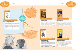 serie
naranja

serie
naranja
Desde 10 años

Desde 10 años

brand

novedad

Nuestro planeta, Natacha
Luis María Pescetti (argentino)
Ilustraciones de Pablo Fernández

La señora Greichu les propone a los chicos un proyecto para todo el
año: el planeta y la supervivencia de la humanidad. ¡Y encima quiere
que lo hagan con estudiantes de otra escuela! Natacha, Pati y sus
amigos se embarcarán en una aventura, gracias a la cual surgirán
reflexiones sobre cómo cuidar nuestro planeta y a la especie humana,
al tiempo que se harán nuevos amigos y se producirán trabajos en
equipo, rivalidades y deslumbramientos con chicos y chicas que no
conocían.

new

La casa del ahorcado

La momia del salar

Sara Bertrand (chilena)
Ilustraciones de Karla Díaz y Carlos Eulefi

Sara Bertrand (chilena)
Ilustraciones de Francesca Mencarini

Una historia ambientada en una casona del sur de Chile donde las
entretenidas vacaciones de seis primos son absorbidas por las historias que rodean «La casa del ahorcado» y los misterios que ella
envuelve. Una leyenda, hechizos, brujos, espíritus, machitún y primos
que deciden ir a la aventura para descubrir la verdad.

Unos niños en San Pedro de Atacama, una momia hermosa, un arqueólogo y un cementerio que debe conservarse, son los elementos
que introducen en un relato que traslada al mundo de la cultura inca
y la magia de los espíritus ancestrales. Enfrentando sus miedos, el
gran objetivo será proteger los secretos respetados por esta cultura.

96 páginas / isbn: 978-956-239-956-2 / convenio marco: 879577

104 páginas / isbn: 978-956-239-712-4 / convenio marco: 839759

Queridos monstruos (10 cuentos
para ponerte los pelos de punta)

¡Socorro! (12 cuentos para
caerse de miedo)

336 páginas / isbn: 978-956-15-2273-2

CRA

Elsa Bornemann (argentina)
Ilustraciones de Óscar Delgado
Antología de diez relatos cortos, algunos considerados macabros,
otros sobrenaturales, algunos horripilantes, pero todos terroríficamente geniales. A través de pastorcitos que se transforman en
serpientes trituradoras; pies espectrales que resultan sospechosos
de asesinato, lobisones, basiliscos y mucho más, se redescubre el
arraigo profundo de las narraciones extraordinarias.

CRA

Elsa Bornemann (argentina)
Antología del género del terror, compuesta por doce relatos breves
cargados de tensión e intriga, en los que se entrecruzan sucesos
perfectamente reales y cotidianos (accidentes domésticos o de
tráfico, muertes violentas o repentinas, tragedias naturales y otros)
con hechos y seres fantásticos o mitológicos (espíritus, ánimas en
pena...), y algunas extraídas de leyendas orientales.
172 páginas / isbn: 978-956-239-177-1

184 páginas / isbn: 978-956-239-178-8 / convenio marco: 839765

pág.45

 