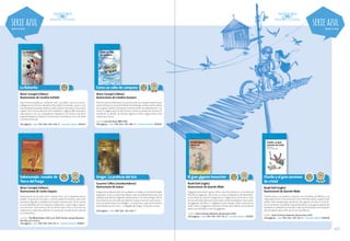 serie azul

serie azul

Desde 12 años

Desde 12 años

La Balserita

Como un salto de campana

Víctor Carvajal (chileno)
Ilustraciones de Carolina Schütte

Víctor Carvajal (chileno)
Ilustraciones de Catalina Guevara

Una historia basada en un hecho real. Tiare Miru vive en el archipiélago de Los Chonos, donde no hay calles ni veredas, y para ir a la
escuela debe atravesar todos los días sola en una balsa el mar de la
caleta. Esto trae la atención de los adultos y alguna dificultad para
relacionarse con sus compañeros. Basada en la historia real de la
pequeña Balserita, llevará a los lectores a entrelazar el sur de Chile
y la Isla de Pascua.

Pancho nació en Alemania y nunca ha visto a su abuelo materno que
vive en Achao, en la isla de Chiloé. Sin embargo, ambos están unidos
por un gran cariño y mantienen una frecuente correspondencia. Las
cartas y regalos que recibe Pancho avivan su deseo de conocer el
mundo de su abuelo. Su familia regresa a Chile y logran estar más
unidos que nunca.

120 páginas / isbn: 978-956-239-690-5 / convenio marco: 845015

Sakanusoyin, cazador de
Tierra del Fuego
Víctor Carvajal (chileno)
Ilustraciones de Carlos Urquiza
Sakanusoyin es un joven de la cultura ona y es la esperanza de su
pueblo. El guanaco escasea y solo él puede alcanzarlo, pero este
animal es sagrado y su deber es enseñar a preservarlo. En la cacería
es acompañado por el inexperto Salilsusoyin, quien logra superar
sus temores. Una historia de iniciación que invita a conocer las
tradiciones y leyendas selknam y a preservar el patrimonio cultural
y la naturaleza.
premios: The White Ravens 2001 y en 1995 Premio Consejo Nacional
del Libro y la Lectura.
124 páginas / isbn: 978-956-239-115-3 / convenio marco: 839813

CRA

premio: Lista de Honor IBBY 1996.
144 páginas / isbn: 978-956-239-480-2 / convenio marco: 839825

Gregor. La profecía del Gris

El gran gigante bonachón

Suzanne Collins (estadounidense)
Ilustraciones de Juárez

Roald Dahl (inglés)
Ilustraciones de Quentin Blake

Gregor vive en Nueva York con su abuela, su madre y sus dos hermanas
pequeñas. Junto a su hermana Boots caen accidentalmente por una
rejilla de ventilación, llegando súbitamente a Las Tierras Bajas. Ahí se
les presenta una extraña sociedad en la que conviven seres humanos con seres como murciélagos o cucarachas y que se encuentra
amenazada por las ratas... La llegada de Gregor no parece casual.

El gigante bonachón rapta a Sofía, una niña huérfana, y se la lleva al
País de los Gigantes. Allí conoce a otros compañeros de Bonachón,
no tan buenos como él: Sanguinario y Tragacarnes, entre otros. Para
fortuna de Sofía, ella está con el mejor, el más bondadoso. Una noche,
los gigantes deciden ir a Inglaterra para atrapar niños, entonces la
reina, Sofía y el gigante montarán un plan para liberar al mundo de
seres tan malvados como los gigantes.

292 páginas / isbn: 978-956-239-430-7

CRA

premio: Hans Christian Andersen (ilustración) 2002.
200 páginas / isbn: 978-956-239-170-2 / convenio marco: 839819

Charlie y el gran ascensor
de cristal

CRA

Roald Dahl (inglés)
Ilustraciones de Quentin Blake
Charlie junto a sus padres y abuelos son invitados por Wonka a un
viaje espacial en un ascensor de cristal. Allí descubren un gran hotel
donde viven inesperadas aventuras. De regreso a la Tierra, en la fábrica conocerán una píldora rejuvenecedora y unas gotas capaces de
envejecer a cualquier ser humano. Cierra esta aventura una invitación
del presidente para disfrutar en la Casa Blanca.
premio: Hans Christian Andersen (ilustración) 2002.
204 páginas / isbn: 978-956-239-163-4 / convenio marco: 839828

pág.57

 