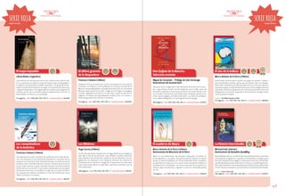 serie roja

serie roja

Desde 14 años

El mapa imposible

Desde 14 años

CRA

Liliana Bodoc (argentina)
Una relación de amistad que tres chicos cultivan para toda la vida.
En sus aventuras acceden a zonas de misterio que se despliegan a
lo largo de seis apartados titulados «pasillos»: un pasaje de la realidad a un plano dominado por la magia. Los testimonios sobre esos
«lugares imposibles» son registrados en un diario que se guarda en
secreto y en el cual se escribirá sobre la adolescencia, el rencor, la
enfermedad, la mentira y la casualidad.
112 páginas / isbn: 978-956-239-733-9 / convenio marco: 766408

El último grumete
de la Baquedano

CRA

Francisco Coloane (chileno)
Alejandro Silva es un joven que tras ser rechazado en la Escuela de
Grumetes se embarca como polizonte en el buque escuela de la
Marina, corbeta Baquedano. Su propósito es encontrar a su hermano
Manuel, quien partió hace años. Luego de una larga y arriesgada
travesía, Alejandro encuentra a su hermano, quien es jefe de los
yaganes. Al finalizar el viaje, Alejandro volverá junto a su madre, e
intentará guardar el secreto de su hermano.

Don Quijote de la Mancha.
Selección anotada

El año de la ballena

Miguel de Cervantes – Prólogo de José Saramago
Ilustraciones de Gustave Doré

Ismael tiene catorce años cuando sus papás se separan. Frente a
estos profundos cambios, piensa que los adultos viven sin ideales.
Pese a ello, mantiene una relación especial con su tío Juan, quien lo
aconseja y lo guía a través de diversas lecturas. En el colegio conocerá
a Damián, formará un grupo de rock, encontrará el primer amor y se
refugiará en la escritura, logrando la reconciliación consigo mismo
y con quienes lo rodean.

CRA

Marco Antonio de la Parra (chileno)

Selección de los fragmentos más relevantes de la obra de Cervantes, y que intenta cumplir con dos objetivos: por un lado, servir de
iniciación a quienes se acercan por primera vez a esta novela, y por
otro, ayudar a los lectores a entender mejor el Quijote, gracias a sus
notas a pie de página, el análisis de la obra, un cuadro cronológico,
una cuidada bibliografía y un prólogo de José Saramago.

premio: The White Ravens 2002.
132 páginas / isbn: 978-956-347-404-6 / convenio marco: 886095

112 páginas / isbn: 978-956-239-676-9 / convenio marco: 800598

Los conquistadores
de la Antártica

CRA

Francisco Coloane (chileno)
Una llamada de auxilio, una barca en problemas en el cabo de Hornos, tres hombres en una misión de salvamento, la historia de los
pioneros en el territorio más hostil del planeta: un desierto eterno
de hielo y nieve. De toda la obra de Francisco Coloane, esta es tal vez
la que mejor resume su gran obsesión literaria: el enfrentamiento
del hombre con su entorno. Esta novela, presentada como una gran
historia de aventuras, es también un viaje físico y moral al interior
de un grupo de solitarios anclados en el fin del mundo que nunca
saben si tendrán un mañana.

400 páginas / isbn: 978-956-239-365-2 / convenio marco: 839761

Los Altísimos

El cuaderno de Mayra

Hugo Correa (chileno)

Marco Antonio de la Parra (chileno)
Ilustraciones de Macarena de la Parra

Michael Ende (alemán)
Ilustraciones de Roswitha Quadflieg

Mayra es una adolescente, hija de padres separados. Su padre, un
pintor depresivo, y su madre, una ejecutiva que ha rehecho su vida en
pareja. La relación de Mayra con su hermana Dalia sufre un quiebre,
ya que Dalia se involucra con su novio. Estas situaciones la llevan a
autodestruirse. Finalmente, con el acercamiento de su padre y su
familia, logra recuperarse y regresar a casa con renovadas ganas
de vivir.

Bastián Baltasar Bux es un niño tímido al que le encanta leer y que tiene
una poderosa imaginación. Leyendo un extraño libro averigua que el
reino de Fantasía está en peligro. En ese mismo libro lee, asombrado,
que Bastián Baltasar Bux debe unirse a Atreyu, un valiente guerrero,
para salvar Fantasía. Así comprende que este libro (el que ahora tiene
en las manos) es Fantasía y que Fantasía es la historia interminable.

Un día, Hernán Varela despierta en un lugar donde la tecnología no
solo rige la vida de las personas, sino también su plano espiritual.
¿Otro planeta, otra dimensión? ¿Quiénes son los Altísimos: los que
gobiernan las máquinas o las máquinas mismas? Así, Hernán se
transforma en un anónimo testigo de un panorama tan aterrador
como fascinante. Nada es explicable, solo hasta entender que ha
sido suplantado…
268 páginas / isbn: 978-956-239-795-7 / convenio marco: 845019

CRA

112 páginas / isbn: 978-956-239-226-6 / convenio marco: 839700

La historia interminable

CRA

premio: Janusz Korczak.
424 páginas / isbn: 978-956-239-164-1 / convenio marco: 839752

112 páginas / isbn: 978-956-239-697-4 / convenio marco: 886174

pág.65

 