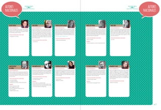 autores
nacionales

autores
nacionales

beatriz concha

hugo correa

francisca cortés guarachi

maría josé ferrada

mari ferrer

datos biográficos

datos biográficos

datos biográficos

datos biográficos

datos biográficos

Nació en Santiago de Chile. Desde 1978 se dedica
a la ilustración de libros infantiles, actividad que
combina con la creación de sus propios relatos.
Actualmente reside en España.

Nació el Curepto, Talca el 24 de mayo de 1926 y
falleció el año 2008. Fue un importante periodista
y escritor chileno de ciencia ficción. El reconocimiento de Ray Bradbury le permitió ver sus obras
traducidas al inglés, francés, alemán, portugués y
sueco y publicar en dos revistas clásicas: Fantasy
and Science Fiction y Nueva Dimensión. Sus obras
se anticiparon en lo temático a clásicos reconocidos
de la ciencia ficción.

Nació en Santiago en 1981. Es diseñadora integral
de la Universidad Católica de Chile. Se ha dedicado,
entre otras cosas, al diseño editorial, lo que la llevó a
generar proyectos propios en esta línea, escribiendo e
ilustrando sus textos. Actualmente trabaja en un nuevo proyecto literario y otros diversos de ilustración.

Nació en Temuco en 1977. Es periodista y realizó una
maestría en Estudios Asiáticos en la Universidad de
Barcelona. Actualmente imparte clases de literatura
japonesa en el Instituto Chileno Japonés de Cultura y
en la Universidad Diego Portales, además de realizar
talleres de escritura para jóvenes en el Centro de
Detención Penal de Puente Alto.

Mari Ferrer es periodista de la Pontificia Universidad
Católica. Después de ejercer algún tiempo, decidió
seguir su vocación e ingresó a los talleres de literatura infantil de Ana María Güiraldes. Fue editora
de la revista de literatura infantil y juvenil Había
una Vez y ha participado como jurado en varios
concursos literarios.

títulos en nuestra colección

títulos en nuestra colección

• Notas al margen

• De a dos

títulos en nuestra colección
• Ochopatas y un cuento

títulos en nuestra colección

http://francispim.blogspot.com/

títulos en nuestra colección
• La Maravillosa Macedonia

premios

• Los Altísimos

• Premio de poesía para niños Ciudad de Orihuela

marco antonio
de la parra

ana maría del río

caterina di girolamo

luis emilio guzmán

anamaría illanes

datos biográficos

datos biográficos

datos biográficos

datos biográficos

datos biográficos

Narradora de amplia trayectoria, estudió Pedagogía
en la Universidad Católica de Chile, se especializó
en literatura latinoamericana en Estados Unidos y
se desempeñó como profesora de castellano en la
Universidad Católica de Chile.

Estudió Diseño en la Universidad Católica de Chile y
se diplomó en Tipografía en la misma universidad.
Trabajó en revista Paula y en el proyecto Cuerpos
Pintados. Se dedica al diseño de libros y es autora de
los libros ilustrados por niños Abecedario, Números
y Colores (2005).

Chileno, nació en Buenos Aires en 1974. Es periodista,
con posgrado en Guión en la Universidad Complutense de Madrid. Ha escrito novelas para adultos y
participado en recopilaciones de cuentos chilenos
de terror y de ciencia ficción. Asimismo, es guionista
de películas y series de televisión.

títulos en nuestra colección

títulos en nuestra colección

• Punto Puntito
• Mariposa y Caracol

• El club de los que sobran

Nació en Santiago de Chile en el año 1963. Estudió
Literatura Inglesa en la Pontificia Universidad
Católica de Valparaíso, además de Pedagogía.
Debido a sus raíces indígenas y su contacto desde
niña con la naturaleza, ha desarrollado a lo largo
de su vida vínculos profundos con la ecología, los
pueblos originarios y la literatura. Actualmente se
concentra en su familia, la escritura y su desarrollo
como terapeuta.

Chileno nacido en 1952. Comparte la profesión literaria con el ejercicio de la psiquiatría y la docencia.
Es un reconocido dramaturgo y director de fama
internacional. Además, ha cultivado el ensayo y la
narrativa breve.

títulos en nuestra colección
• El año de la ballena
• El cuaderno de Mayra
• El año que nos volvimos todos un poco locos

premios
• Premio Ornitorrinco 1987
• Beca Guggenheim 2000
• Premio Consejo Nacional del Libro y la
Lectura (teatro)
• The White Ravens 2002

títulos en nuestra colección
• La bruja bella y el solitario
• La historia de Manú

premios
• Premio María Luisa Bombal 1986
• Premio Letras de Oro Universidad de Miami 1991
• Finalista Concurso Sor Juana Inés de la Cruz 1999
• Premio Municipal de Santiago 2005

premios

títulos en nuestra colección

• Premio Altazor al mejor guión 2012.

• Amigos en el bosque

pág.75

 