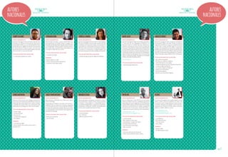 autores
nacionales

autores
nacionales

andrés kalaswki

fernando krahn

verónica laymuns

daniel olave

mauricio paredes

datos biográficos

datos biográficos

datos biográficos

datos biográficos

datos biográficos

Nació en Santiago el 30 de diciembre de 1977. Sus
estudios los realizó en la Escuela de Teatro de la
Universidad Católica y en la Universidad de Chile,
donde obtuvo un magíster en Literatura con mención
en Teoría literaria. Si bien es actor, no actúa sino
que es docente en la Universidad Católica y escribe
obras de teatro y cuentos infantiles.

Reconocido ilustrador y autor chileno que vivió
principalmente en Estados Unidos y España. Fue
ilustrador de The New Yorker, Die Zeit, Diario de Zurich
y La Vanguardia. Además, publicó más de cuarenta
libros para niños, muchos de los cuales realizó junto
a su esposa, María de la Luz Uribe.

Nació en Santiago de Chile en 1979. Es licenciada en
Arte de la Pontificia Universidad Católica de Chile
y profesora de educación media con mención en
artes plásticas. Ha enseñado Ilustración e Historia
del arte a nivel universitario. Actualmente se dedica
a la pintura, la ilustración y el diseño gráfico. Ha
ilustrado la mayoría de los libros de Mauricio Paredes.

Nació en Santiago en 1968. Es periodista, guionista
y crítico de cine. Ha trabajado en El Mercurio, La
Tercera y Canal 13. Creador del sitio Todocine.cl,
profesor universitario y de cursos en la cadena de
cine Hoyts. Actualmente realiza junto a Alfredo Silva
un documental sobre el sexo en el cine chileno con
la productora Urbanart. Es asesor de programación y
coordinador del Área Cine de Canal 13 y colaborador
del portal Noticine de España. Ha escrito los libros
Chile vs Hollywood (1996), Perdidos en la Pantalla
(1998) y Pantalla Prohibida (2001).

Nació en Santiago en 1972. Estudió en la Pontificia
Universidad Católica de Chile, donde se tituló de
ingeniero civil eléctrico. Ejerció su profesión hasta
el año 2001, cuando decidió seguir su vocación
literaria. Ha sido profesor universitario, colaborador
del Ministerio de Educación, guionista de televisión
y presidente de la Corporación de Literatura Infantil
de Chile. Sus libros han sido publicados en Colombia,
Chile, El Salvador, España, México, Perú y Venezuela.

www.todocine.cl

• ¡Ay, cuánto me quiero!
• Bartolo y los enfermos mágicos
• Cómo domesticar a tus papás
• El festín de Agustín (junto a Verónica Laymuns)
• La cama mágica de Bartolo
• Los sueños mágicos de Bartolo
• Verónica la niña biónica
• Mi hermano gigante
• Bartolo y los cocodrilos mágicos

títulos en nuestra colección
• La niña que se perdió en su pelo

títulos en nuestra colección
• Un paseo al campo

premios

títulos en nuestra colección
• El festín de Agustín (junto a Mauricio Paredes)

• Apel les Maestres 1982
• Premio Internacional de Ilustración
• Fundación Santa María 2000

títulos en nuestra colección
• Cuentometrajes (selección)

títulos en nuestra colección

andrea maturana

sergio y maya missana

bernardita ojeda

pepe pelayo

pelayos

datos biográficos

datos biográficos

datos biográficos

datos biográficos

datos biográficos

Nació en chile y es escritora, bióloga, traductora e
instructora de meditación (además de mamá). Ha
publicado libros para adultos, de cuento y novela,
y también libros para niños. Sus cuentos han sido
publicados en antologías en Chile y el extranjero.

Maya Missana (2001) Nació en California, y ahora
vive en Santiago.

Bernardita Ojeda, diseñadora, ilustradora y directora audiovisual. Creadora de las series animadas
«Clarita», «Chanchiperri» y «Hostal Morrison»,
actualmente dirige Pájaro, una productora de ideas,
contenidos y animación. También se ha dedicado a
la ilustración, publicando diversos libros.

Nació en Matanzas, Cuba (1952) y se nacionalizó
chileno en 2008. Es escritor, comediante, guionista,
especialista en humor e ingeniero civil. Actualmente
imparte talleres sobre crecimiento personal y trabajo
educativo a través del humor, realiza su programa
de motivación a la lectura a través del humor y
colabora en revistas humorísticas de varios países.

Es el plural del apellido de un padre (Pepe) y su hijo
(Alex), ambos cubanos residentes en Chile. Uno
es escritor, actor y especialista en humor; el otro,
ilustrador, dibujante y diseñador. Crean el dúo Pelayos para incursionar en el libro-álbum, el humor
gráfico y realizar talleres y cursos.

títulos en nuestra colección
• El Gran Hugo
• El moco de Clara
• Eva y su Tan
• La Isla de las Langostas
• Siri y Mateo

premios
• Lista de Honor IBBY
• Premio Altazor de Literatura para niños y
jóvenes 2013

Sergio Missana (1966) es periodista de la Universidad de Chile y es doctor en Literatura Española
y Latinoamericana de la Universidad de Stanford.
Es autor de novelas para adultos, libros para niños
y se desempeña como profesor del programa de
Stanford en Santiago.

títulos en nuestra colección
• Boris y las manzanas
• Luis el tímido

títulos en nuestra colección
• Cirilo el miedoso
• Fra-Francisco
• ¡Berta no quiere dormir!

www.pepepelayo.com
www.pelayaserias.blogspot.com

www.pepepelayo.com
www.mundopepito.com
www.alexpelayo.blogspot.com

títulos en nuestra colección

títulos en nuestra colección

• Cuentos de Ada
• Ada, madrina y otros seres
• Lucia Moñitos, corazón de melón
• El chupacabras de Pirque
• El secreto de la cueva negra
• Ada y su Varita

• Lucía Moñitos
• Ni un pelo de tonto
• Trino de colores
• Sipo y Nopo

premios

premios
• Edición 2008
• The White Ravens 2009

• Concurso Internacional de Humor
• Gráfico Universidad de Lleida, España

pág.77

 