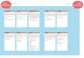 autores
internacionales

autores
internacionales

graciela beatriz cabal

ann cameron

miguel de cervantes y saavedra

paula danziger

jean de brunhoff

datos biográficos

datos biográficos

datos biográficos

datos biográficos

datos biográficos

Nació en Buenos Aires. Reconocida escritora de
literatura para niños y adultos, con más de cincuenta
títulos publicados. Fue docente, periodista, titiritera
y dirigió colecciones de libros infantiles. Murió el 24
de febrero de 2004.

Nació en Estados Unidos y estudió Literatura en la
Universidad de Harvard. Pasa largas temporadas en
Guatemala. Ha publicado catorce libros para niños,
los que han sido traducidos a varias lenguas.

Nacido en 1547 en Alcalá de Henares, residió en Valladolid, Madrid y Sevilla. En 1568 comenzó a escribir
poesías. En 1570 se incorporó al Ejército español,
siendo herido durante la batalla de Lepanto en una
de sus manos, adquiriendo el apodo de «El Manco
de Lepanto». Publicó en 1605 la primera parte de
El ingenioso hidalgo Don Quijote de la Mancha, obra
clave de la literatura española y el inicio de la novela
moderna. La segunda parte se publicó en 1615.
Falleció el 22 de abril de 1616 en Madrid.

Esta autora estadounidense se caracteriza por
crear personajes muy vívidos y reales. Se dedica
por completo a escribir. Le gusta jugar con los niños,
personas que «toma prestadas» como fuente de
inspiración. Sus libros abordan temas como las relaciones familiares, desarrollo personal, la obesidad
y el primer amor.

Escritor e ilustrador francés, nacido en 1899, conocido por ser cocreador de Babar, publicado por
primera vez en 1931. La historia fue originalmente
contada por su esposa, Cecile de Brunhoff, a sus
hijos Laurent y Mathieu. Tras el primer volumen
publicó otros seis títulos.

títulos en nuestra colección
• El ingenioso hidalgo Don Quijote de la Mancha

• Ámbar en cuarto y sin su amigo
• ¿Seguiremos siendo amigos?

títulos en nuestra colección
• Tomasito

premios
• Lista de Honor de la Asociación de Literatura
Infantil y Juvenil de Argentina 1995

www.childrensbestbooks.com

títulos en nuestra colección
• El lugar más bonito del mundo

premios
• Premio de la Asociación de Estudios del Niño

www.childrenslit.com/f_danzinger.html

títulos en nuestra colección

títulos en nuestra colección
• La historia de Babar

suzanne collins

gillian cross

roald dahl

erhard dietl

michael ende

datos biográficos

datos biográficos

datos biográficos

datos biográficos

datos biográficos

Suzanne Collins es una conocida guionista estadounidense de programas infantiles. Vive en Nueva
York con su familia. Gregor. La profecía del Gris es
su primera novela y junto a Gregor. La profecía de la
destrucción crea un mundo fantástico que encanta
a los lectores de todas las edades.

Nació en Londres. Estudió Literatura inglesa en las
universidades de Oxford y Sussex. Cuando sus hijos
mostraron interés por sus historias, se dedicó de
lleno a escribir para niños.

títulos en nuestra colección

Erhard Dietl, nacido en Ratisbona (Regensburg),
Alemania, en 1953, trabaja tanto de ilustrador como
de autor. Formado en la Academia de Artes Gráficas
y en la Academia de Bellas Artes de Munich, empezó
a colaborar mientras estudiaba como dibujante en
varias revistas. Desde 1981, Erhard Dietl escribe e
ilustra libros infantiles con un sentido del humor
absurdo y un estilo de trazo limpio.

Autor alemán que estudió arte dramático y fue actor.
Es uno de los escritores del área infantil-juvenil
más leído y traducido. Dos de sus obras, Momo y
La historia interminable han sido llevadas al cine.

• La cabaña en el árbol

Autor inglés, hijo de inmigrantes noruegos, de destacada trayectoria literaria. En sus obras aparecen
críticas al duro sistema de educación que le tocó
vivir, así como también las aventuras que tuvo como
piloto de la Royal Air Force durante la Segunda Guerra
Mundial. Es autor de personajes tan famosos como
los Gremlins y Matilda.

• Gregor. La profecía del Gris

premios

títulos en nuestra colección

• Premio Whitbread 1992
• Medalla Carnegie 1990
• Smarties Grand Prize

• Charlie y el gran ascensor de cristal
• Charlie y la fábrica de chocolate
• El gran gigante bonachón
• El Superzorro
• Las brujas
• Los Cretinos
• Matilda

títulos en nuestra colección

premios

títulos en nuestra colección
• El valiente Teo

www.michaelende.com

títulos en nuestra colección
• Tranquila Tragaleguas
• La historia interminable
• Momo

premios
• Premio al mejor libro juvenil editado en
alemán 1974
• Lista de Honor Hans Christian Andersen
• Lista de Honor IBBY

• Premio Edgar Allan Poe 1954, 1959
• World Fantasy Convention Lifetime Achievement
Award 1983
• Lista de Honor IBBY 1986
• Federation of Children's Book Group Award 1982
• Premio Whitbread 1983
• New York Times Outstanding Book Award 1983
• Smarties Grand Prize 1990

pág.83

 