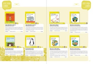 serie verde
limón

serie verde
limón

Prelectores desde 3 años

Boris y las manzanas

Prelectores desde 3 años

Luis el tímido

CRA

Sipo y Nopo: Un cuento de Luna

CRA

Quita y Pon con el corazón en la boca

CRA

Sergio y Maya Missana (chilenos)
Ilustraciones de los autores

Sergio y Maya Missana (chilenos)
Ilustraciones de los autores

Pelayos (cubano-chilenos)
Ilustraciones de Alex Pelayo

María de la Luz Uribe (chilena)
Ilustraciones de Fernando Krahn

Boris es un chanchito que adora las manzanas, tiene amigos, le gusta
explorar, ir al colegio, pero tiene un problema: no sabe contar. Tras
varias decepciones lo logra con la ayuda de su amiga Gladis que le
sugiere intentar con manzanas, lo que acerca a Boris a sus debilidades
desde sus gustos.

Luis es un pequeño y tímido elefante que no juega y se esconde tras
su mamá. Se siente triste y solo hasta que ve un enorme cocodrilo
que quiere atacar a su manada. Barrita tan fuerte que lo espanta
convirtiéndose en un héroe. Ahora, el problema lo tienen los demás:
se ha transformado en un gritón.

Sipo y Nopo son dos pequeñas chinchillas. Nopo gusta de la lectura
y Sipo prefiere volar. Un día, Sipo queda sentado en la Luna tras
perseguir un volantín que queda posado en ella. Nopo, después de
varios intentos y con la ayuda de otros animales, logra rescatarlo.

48 páginas / isbn: 978-956-239-913-5 / convenio marco: 879586

32 páginas / isbn: 978-956-239-953-1 / convenio marco: 850286

Quita come en un suspiro comida, platos y cuchillos. Pon, preocupado, se queda parado porque Quita ha crecido hacia los lados, tanto
tanto, que queda atrapada en la puerta y el corazón le sale por la
boca. Finalmente Pon se lo pincha y todo vuelve a la normalidad. Una
manera graciosa y distinta de reflexionar sobre las consecuencias
del exceso de comida.

48 páginas / isbn: 978-956-347-383-4 / convenio marco: 896554

32 páginas / isbn: 978-956-239-933-3 / convenio marco: 896354

Cirilo el miedoso

CRA

Fra-Francisco

CRA

Quita y Pon con la piel de gallina

CRA

Quita y Pon con un hilo de voz

CRA

Bernardita Ojeda (chilena)
Ilustraciones de la autora

Bernardita Ojeda (chilena)
Ilustraciones de la autora

María de la Luz Uribe (chilena)
Ilustraciones de Fernando Krahn

María de la Luz Uribe (chilena)
Ilustraciones de Fernando Krahn

Cirilo es una comadreja trompuda que se la pasa gritando porque
le tiene miedo a todo, incluso a extinguirse. De tanto gritar y gritar,
termina convirtiéndose en un cantante de ópera profesional, y su
público lo sigue a todas partes sin aplaudirlo para no asustarlo.

Francisco es el pingüino más famoso del Polo Sur, porque al decir
su nombre tartamudeaba, decía «Fra... Fran... cisco» y todos se
reían de él. Un día su amigo Manuel tuvo una gran idea: entregarle
un enorme y peludo abrigo. Desde entonces nunca más tuvo frío,
dejó de tartamudear y logró decir su nombre de una vez: ¡FRANCISCO!

Los hermanos Quita y Pon duermen, pero Quita despierta asustada
y por miedo a los fantasmas se esconde tras la almohada. Oye una
voz y corre despavorida, contagia a Pon y lo asusta. Luego en la
cocina, Quita ve como Pon tiene la piel de gallina, lo tranquiliza y
vuelven a dormir.

Cierto día Pon, jugando con Quita, sale por el pasamanos de la escalera directo fuera de la casa y queda colgado en un árbol. Llama a
su hermana llorando, pero son tantas sus lágrimas que Quita debe
ir a buscarlo en un bote, Pon grita y del hilo que sale de su voz, Quita
lo toma y lo rescata.

28 páginas / isbn: 978-956-239-954-8 / convenio marco: 850288

Una buena relación fraternal se refleja en la complicidad y el apoyo
entre hermanos. Especialmente cuando… ¡uno tiene miedo!

32 páginas / isbn: 978-956-239-930-2 / convenio marco: 846513

28 páginas / isbn: 978-956-239-929-6 / convenio marco: 850287

32 páginas / isbn: 978-956-347-213-4 / convenio marco: 845901

pág.11

 