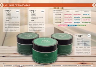 191820
Reforça a estrutura capilar e age como
agente desintoxicante. Auxilia na
retenção de umidade e espessamento
dos ﬁos, evitando a formação de
pontas bipartidas promovendo
maciez e facilitando o penteado.
Protege contra os efeitos nocivos do
calor recuperando a maciez e o brilho.
Reforça a estrutura capilar e age como
agente desintoxicante e antioxidante.
Promove o selamento das cutículas
do cabelo e suavidade aos ﬁos.
SEM PARABENOS SEM SULFATOS SEM CORANTES ARTIFICIAIS RECICLE A EMBALAGEM SEM DERIVADOS DE PETRÓLEOCONTÉM INGREDIENTES NATURAISAMIGO DOS ANIMAIS
21
MÁSCARA CAPILAR DE
RECONSTRUÇÃO
200 g
000031
R$ ,90
73
Blend indicado para cabelos
quimicamente daniﬁcados, auxilia na
reconstrução da estrutura capilar,
promovendo força e vitalidade aos
ﬁos e diminuem o frizz dos cabelos.
26pt
SEM PARABENOS SEM SULFATOS SEM CORANTES ARTIFICIAIS RECICLE A EMBALAGEM SEM DERIVADOS DE PETRÓLEOCONTÉM INGREDIENTES NATURAISAMIGO DOS ANIMAIS
CRONOGRAMA
CAPILAR OFICIAL
SEMANA 1
ETAPA 1
HIDRATAÇÃO HIDRATAÇÃO
HIDRATAÇÃO
HIDRATAÇÃO HIDRATAÇÃO
HIDRATAÇÃO
NUTRIÇÃO
NUTRIÇÃO
NUTRIÇÃO
NUTRIÇÃO
HIDRATAÇÃO NUTRIÇÃO RESTAURAÇÃO
RESTAURAÇÃO
RESTAURAÇÃO
ETAPA 2 ETAPA 3
SEMANA 2
SEMANA 3
SEMANA 4
LINHA DE MÁSCARAS
MÁSCARA CAPILAR DE
NUTRIÇÃO
200 g
000019
R$ ,90
73
MÁSCARA CAPILAR DE
HIDRATAÇÃO
200 g
000030
R$ ,90
7326pt 26pt
 