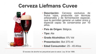Cerveza Liefmans Cuvee
▪ Descripción: Cerveza exclusiva de
frutos rojos, producida con técnicas
artesanales y de fermentación especial,
que le permiten generar un sabor único y
especial capaz de conservarse por 10
años.
▪ País de Origen: Bélgica.
▪ Tipo: Ale
▪ Grado Alcohólico: 6% Vol
▪ Presentación: Bot 375 ml
▪ Edad Consumidor: 25 - 45 Años
El exceso de alcohol es perjudicial para la salud. Ley 30 de 1986.
 
