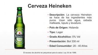Cerveza Heineken
▪ Descripción: La cerveza Heineken
se hace de los ingredientes más
puros. Usan sólo agua, cebada
malteada, lúpulo y levadura.
▪ País de Origen: Holanda
▪ Tipo: Lager
▪ Grado Alcohólico: 5% Vol
▪ Presentación: Bot 330 ml
▪ Edad Consumidor: 20 - 40 Años
El exceso de alcohol es perjudicial para la salud. Ley 30 de 1986.
 