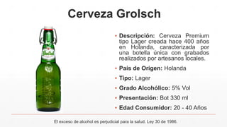 Cerveza Grolsch
▪ Descripción: Cerveza Premium
tipo Lager creada hace 400 años
en Holanda, caracterizada por
una botella única con grabados
realizados por artesanos locales.
▪ País de Origen: Holanda
▪ Tipo: Lager
▪ Grado Alcohólico: 5% Vol
▪ Presentación: Bot 330 ml
▪ Edad Consumidor: 20 - 40 Años
El exceso de alcohol es perjudicial para la salud. Ley 30 de 1986.
 