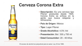 Cerveza Corona Extra
▪ Descripción: Es una cerveza tipo
Pilsner producida desde 1925.
Corona Extra se enfoca en la
gente que busca relajarse y
refrescarse.
▪ País de Origen: México
▪ Tipo: Lager Pilsner
▪ Grado Alcohólico: 4,5% Vol
▪ Presentación: Bot 330 y 750 ml
▪ Edad Consumidor: 20 - 40 Años
El exceso de alcohol es perjudicial para la salud. Ley 30 de 1986.
 