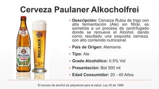 Cerveza Paulaner Alkocholfrei
▪ Descripción: Cerveza Rubia de trigo con
alta fermentación (Ale) sin filtrar, es
sometida a un proceso de centrifugado
donde se remueve el Alcohol, dando
como resultado una exquisita cerveza,
con alto contenido nutricional.
▪ País de Origen: Alemania
▪ Tipo: Ale
▪ Grado Alcohólico: 0.5% Vol
▪ Presentación: Bot 500 ml
▪ Edad Consumidor: 20 - 40 Años
El exceso de alcohol es perjudicial para la salud. Ley 30 de 1986.
 