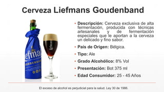 Cerveza Liefmans Goudenband
▪ Descripción: Cerveza exclusiva de alta
fermentación, producida con técnicas
artesanales y de fermentación
especiales que le aportan a la cerveza
un delicado y fino sabor.
▪ País de Origen: Bélgica.
▪ Tipo: Ale
▪ Grado Alcohólico: 8% Vol
▪ Presentación: Bot 375 ml
▪ Edad Consumidor: 25 - 45 Años
El exceso de alcohol es perjudicial para la salud. Ley 30 de 1986.
 