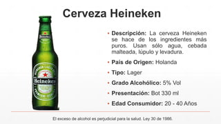 Cerveza Heineken
▪ Descripción: La cerveza Heineken
se hace de los ingredientes más
puros. Usan sólo agua, cebada
malteada, lúpulo y levadura.
▪ País de Origen: Holanda
▪ Tipo: Lager
▪ Grado Alcohólico: 5% Vol
▪ Presentación: Bot 330 ml
▪ Edad Consumidor: 20 - 40 Años
El exceso de alcohol es perjudicial para la salud. Ley 30 de 1986.
 