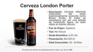 Cerveza London Porter
▪ Descripción: Cerveza referente
indiscutido del estilo
tradicionalmente conocido como
Brown Porter. El estilo se
caracteriza por ser una bebida
de inclinación ligera, de color
cobre al marrón oscuro.
▪ País de Origen: Inglaterra
▪ Tipo: Ale Oscura
▪ Grado Alcohólico: 5,4% Vol
▪ Presentación: Bot 330 ml
▪ Edad Consumidor: 20 - 45 Años
El exceso de alcohol es perjudicial para la salud. Ley 30 de 1986.
 